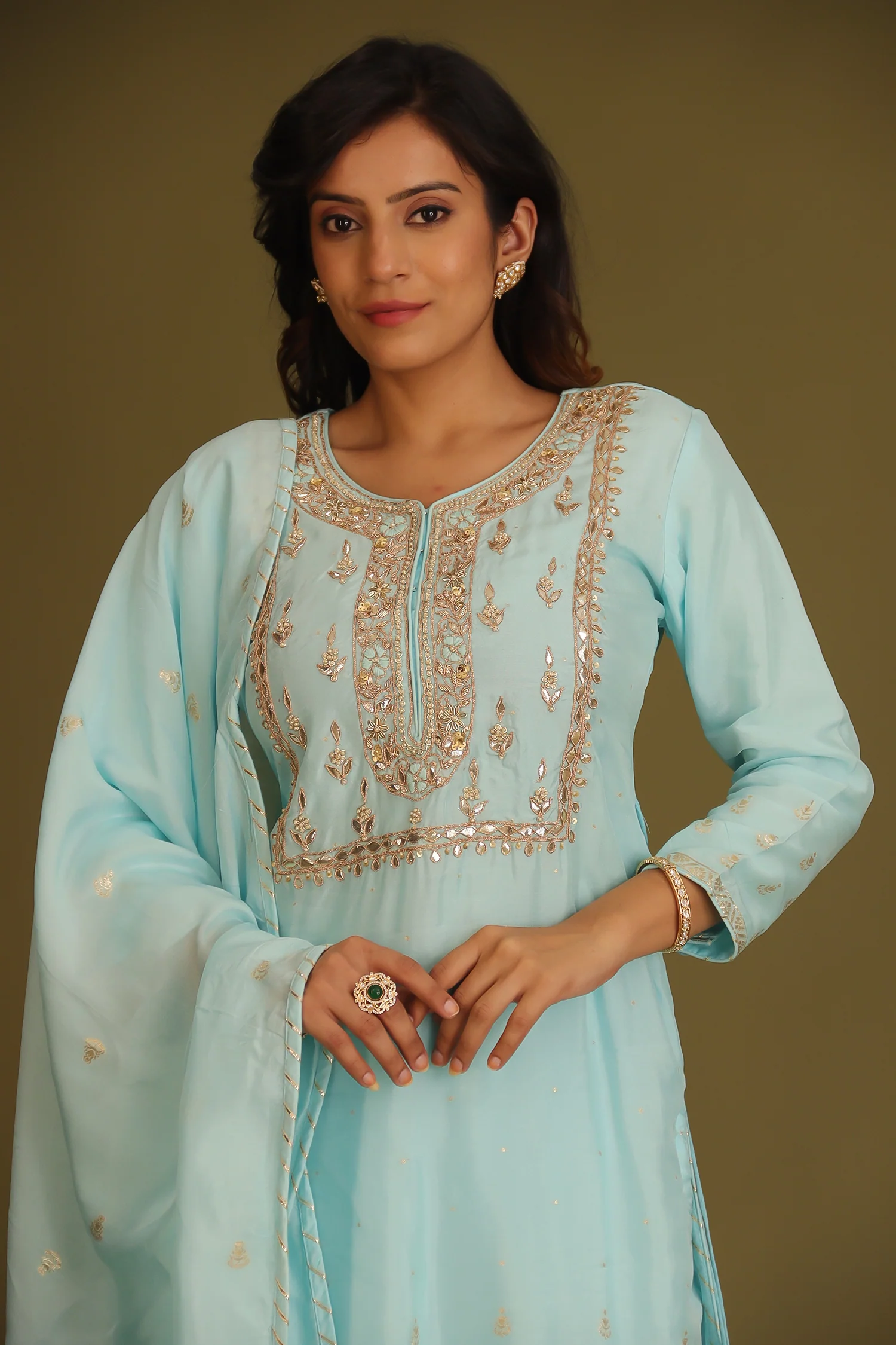 Handloom Chanderi Suit Embroidered with Gota Patti work. - Image 19