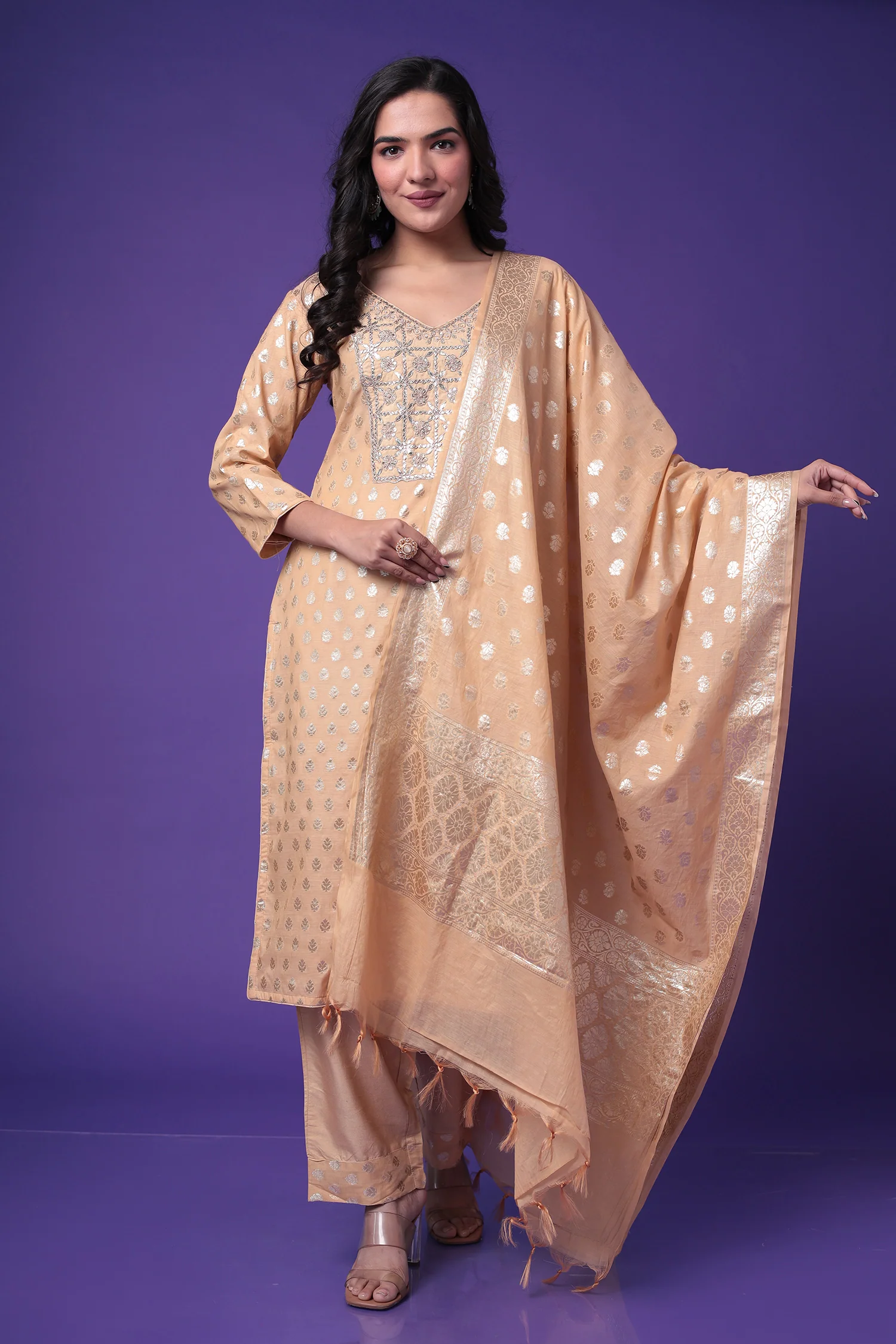 Chanderi Straight Suit with Dori and Embroidered work - Image 2