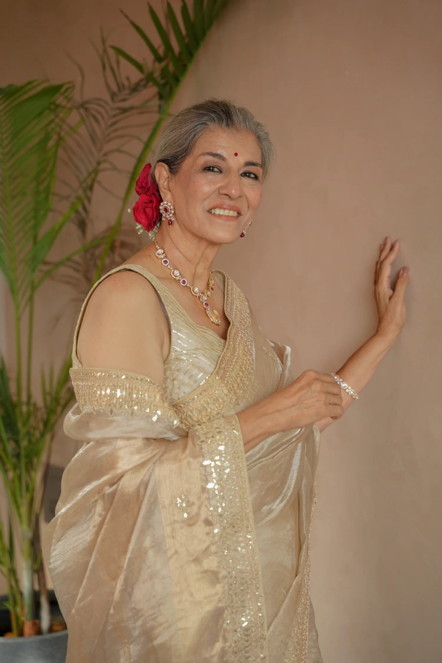 Tissue Saree Embroidered with Dori, Gota Patti and Pearl work - Image 6