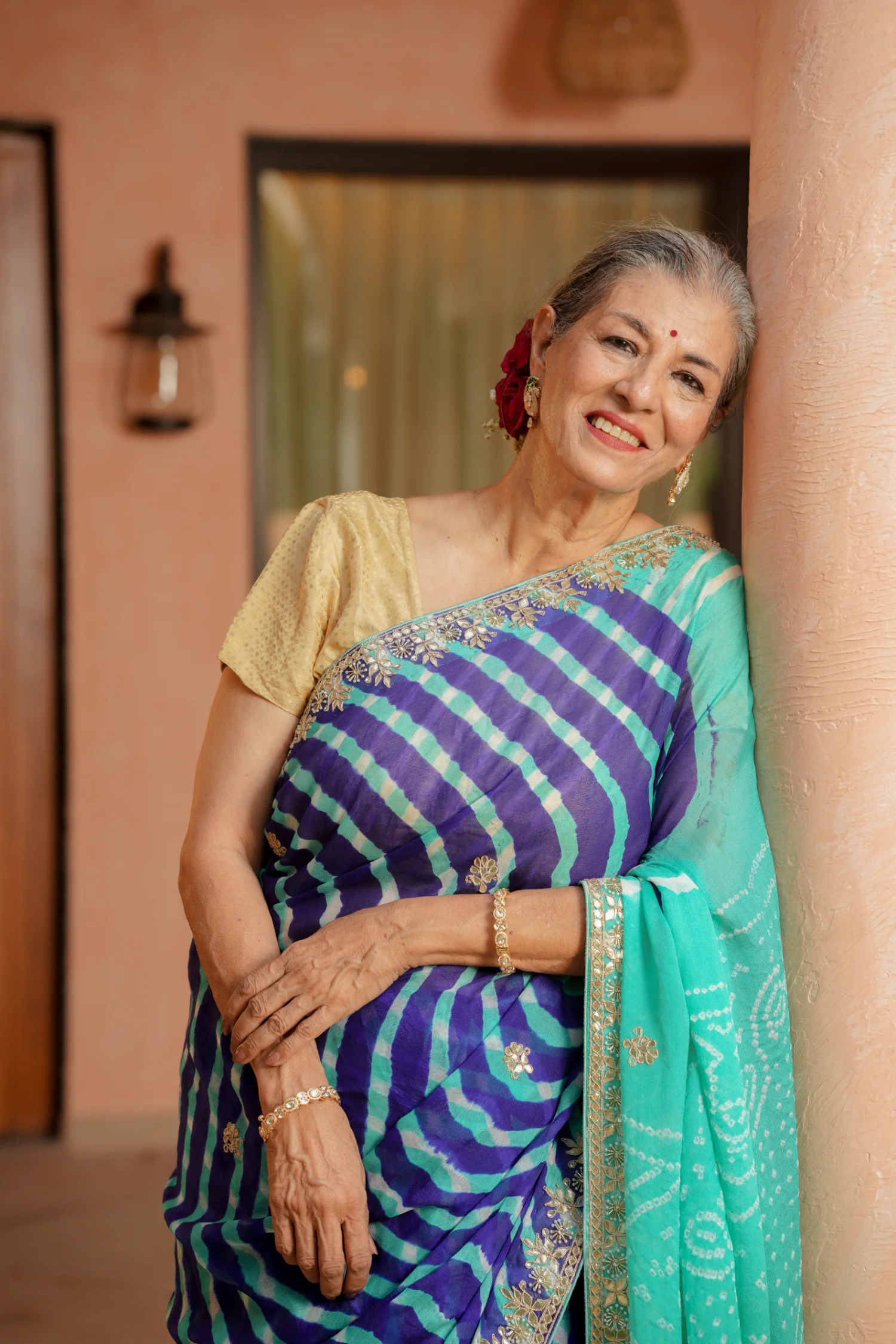 Leheriya Bandhej Georgette Saree with Dori, Gota Patti and Pearl work - Image 6