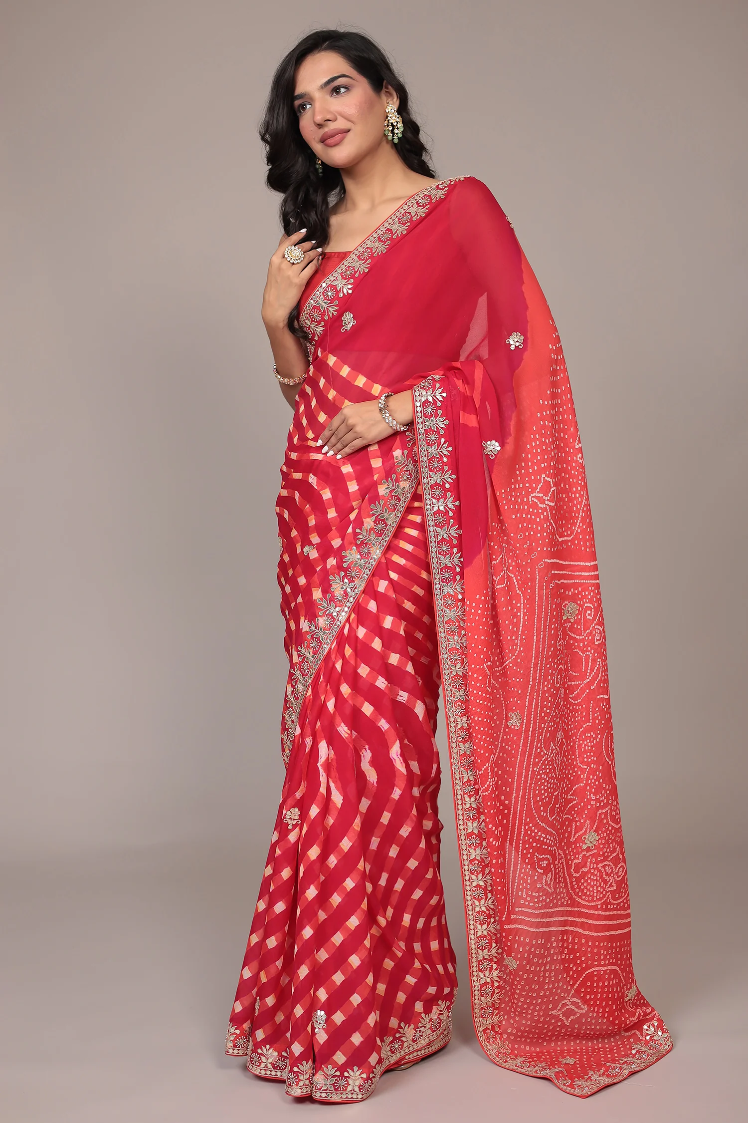 Leheriya Bandhej Georgette Saree Embellished with Gota Patti work - Image 11