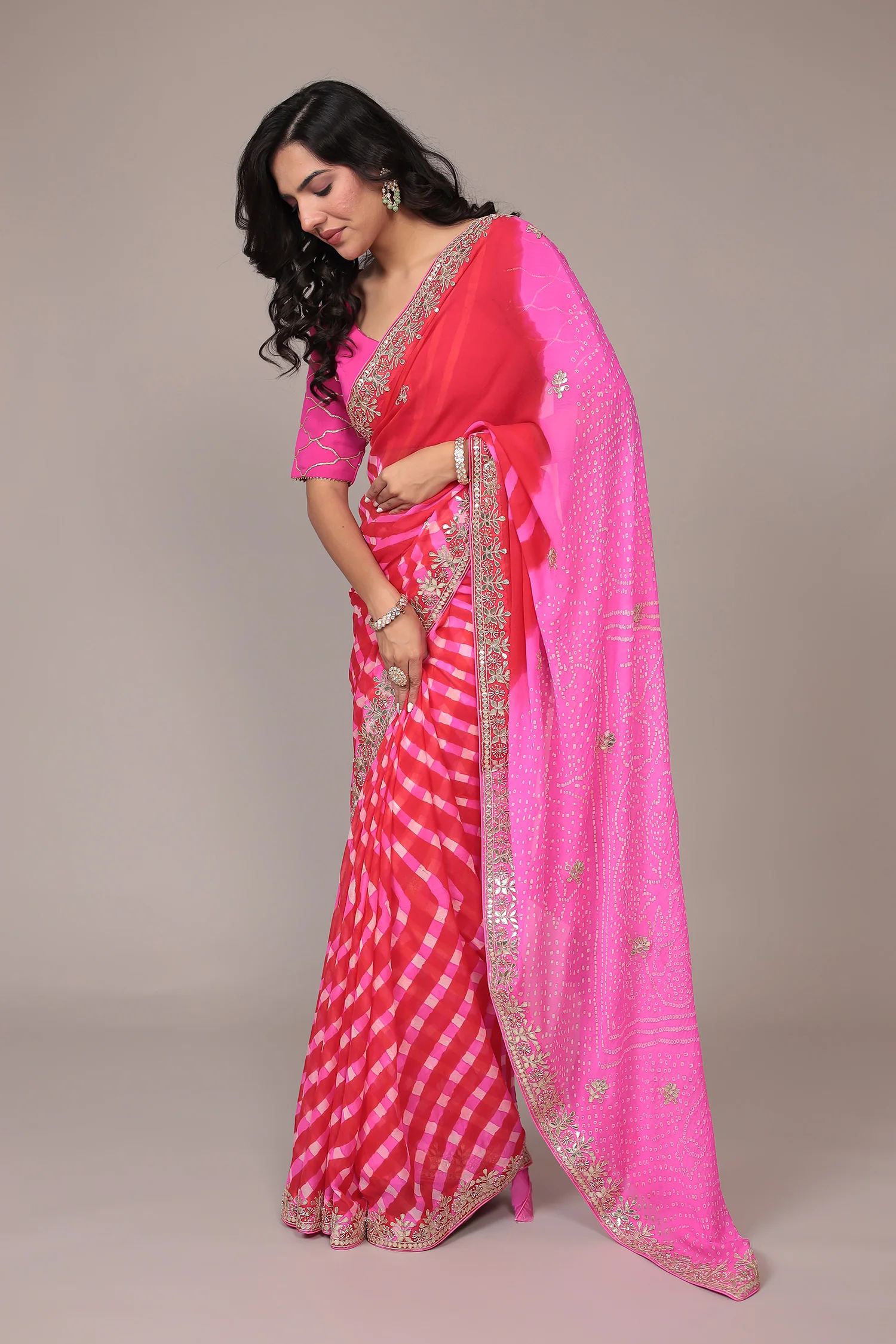Leheriya Bandhej Georgette Saree Embellished with Gota Patti work - Image 32