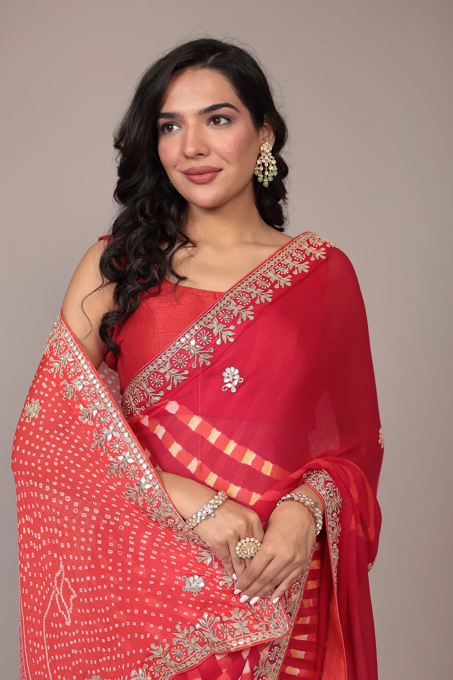 Leheriya Bandhej Georgette Saree Embellished with Gota Patti work - Image 8
