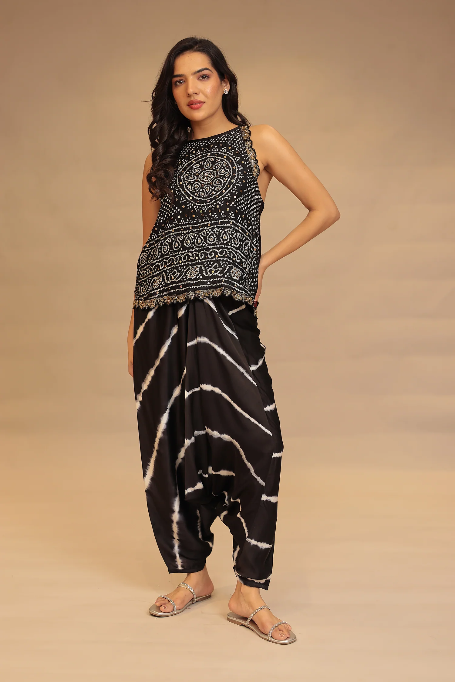 Leheriya, Bandhej Satin silk Indowestern with Cutdana and Stone work - Image 5