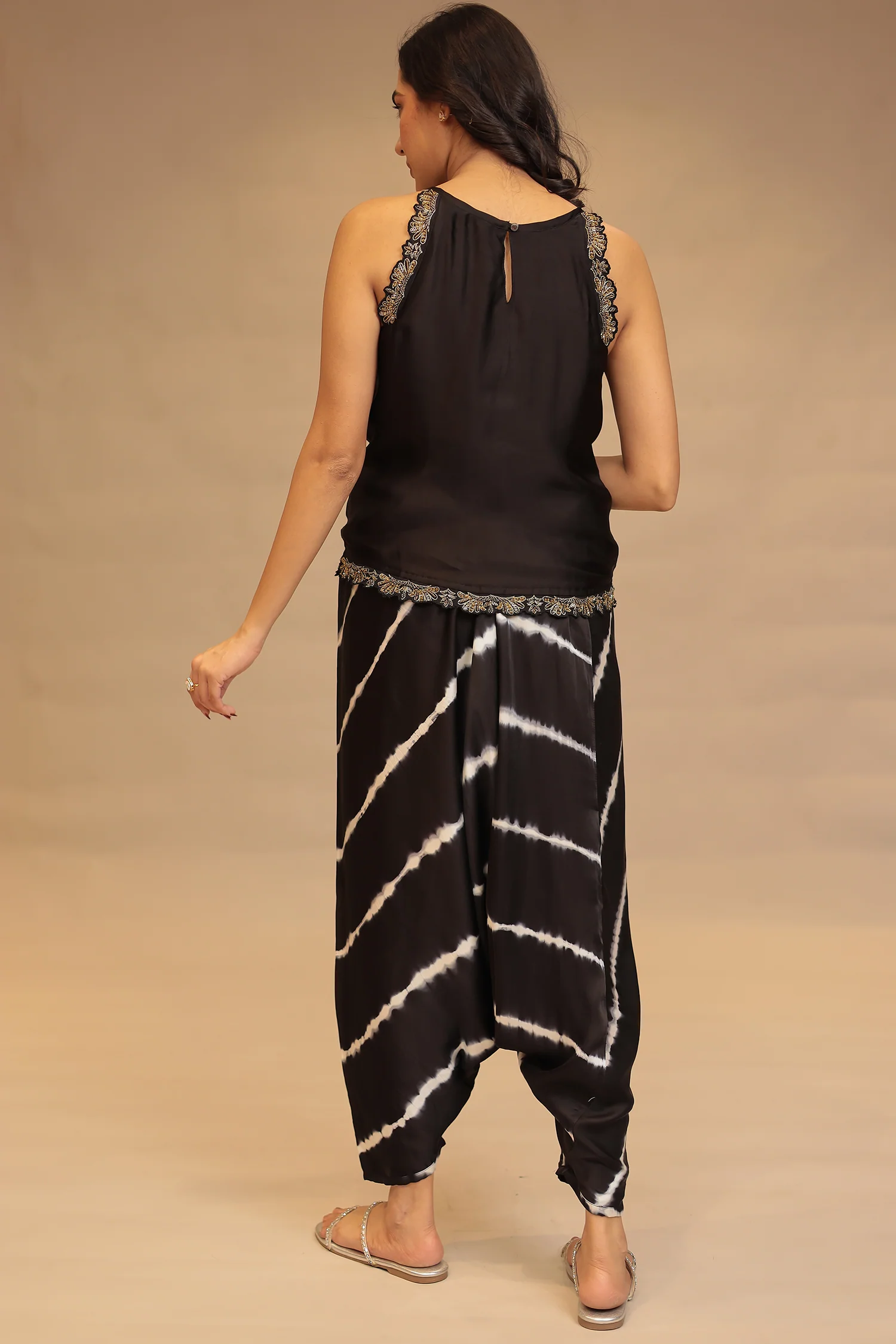 Leheriya, Bandhej Satin silk Indowestern with Cutdana and Stone work - Image 6