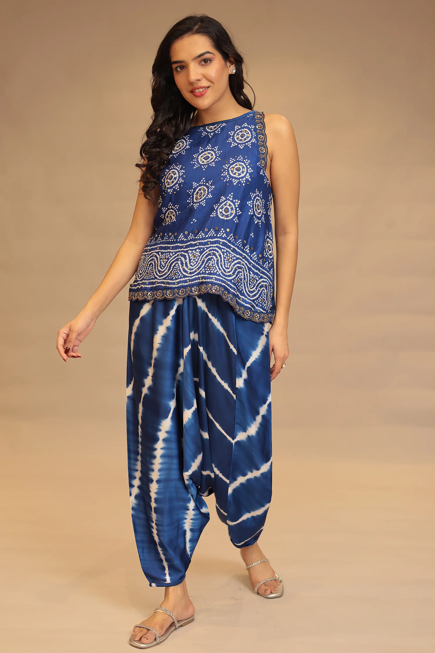 Leheriya, Bandhej Satin silk Indowestern with Sequins and Stone work