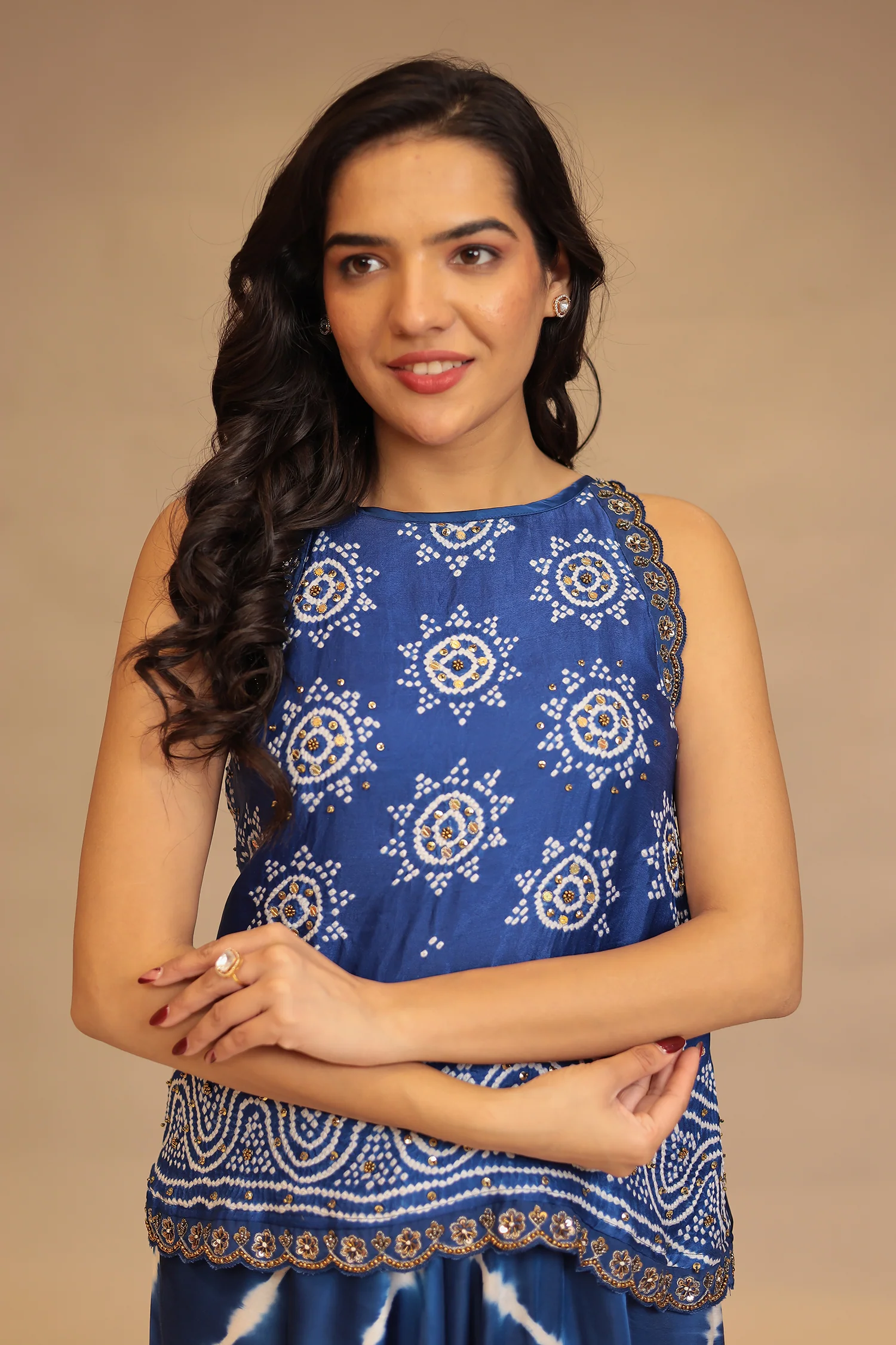 Leheriya, Bandhej Satin silk Indowestern with Sequins and Stone work - Image 2