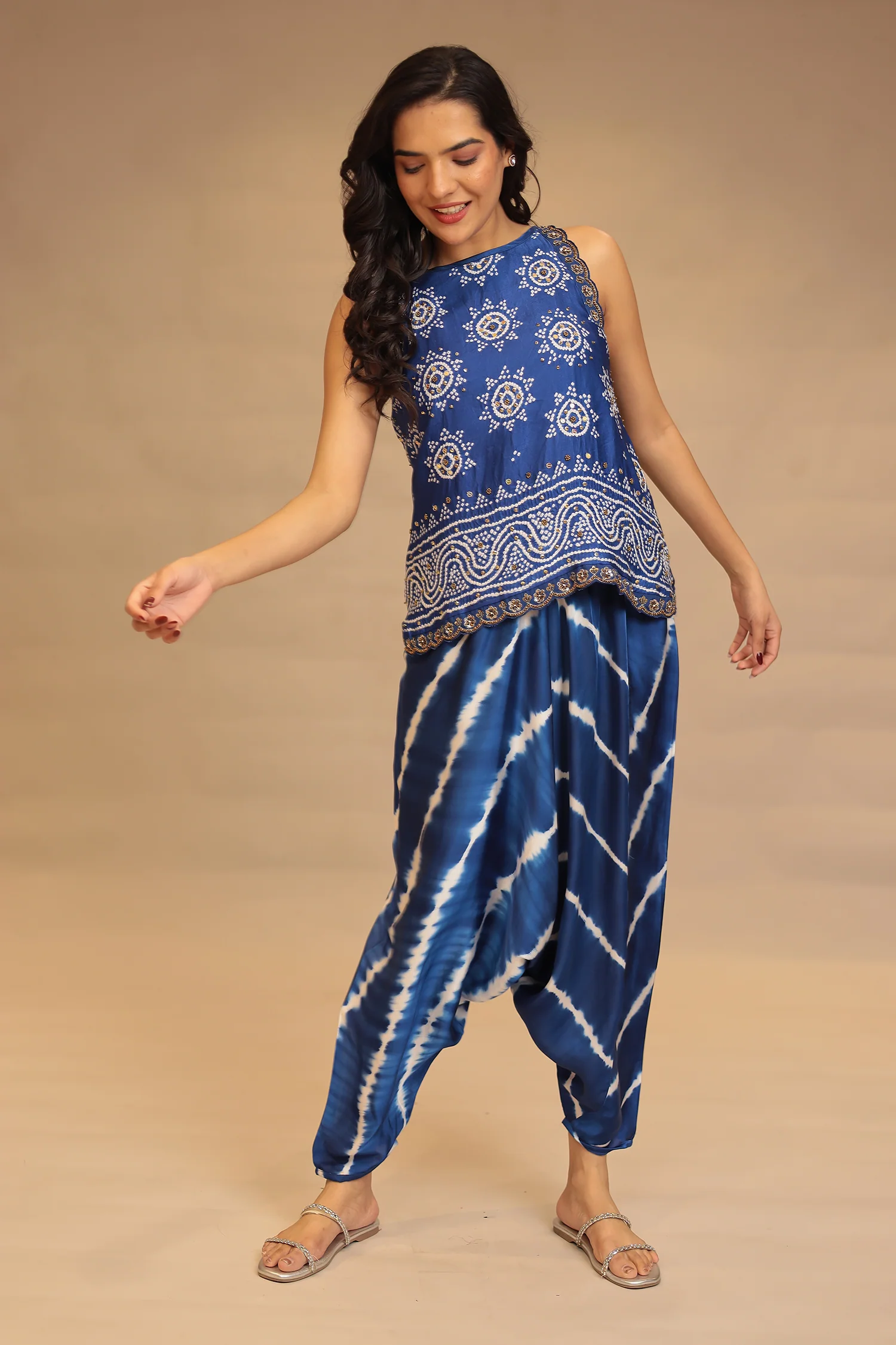 Leheriya, Bandhej Satin silk Indowestern with Sequins and Stone work - Image 3