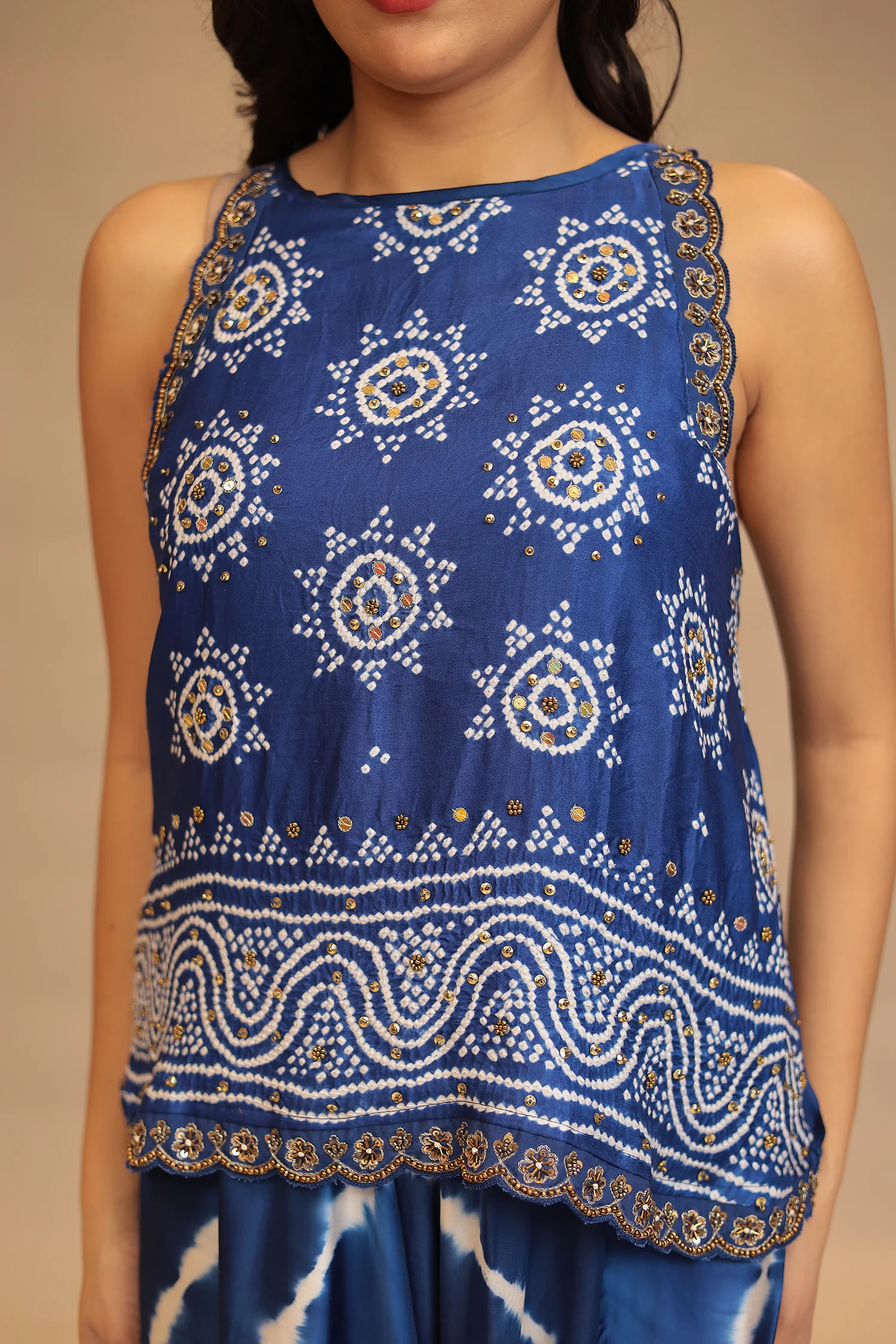 Leheriya, Bandhej Satin silk Indowestern with Sequins and Stone work - Image 4