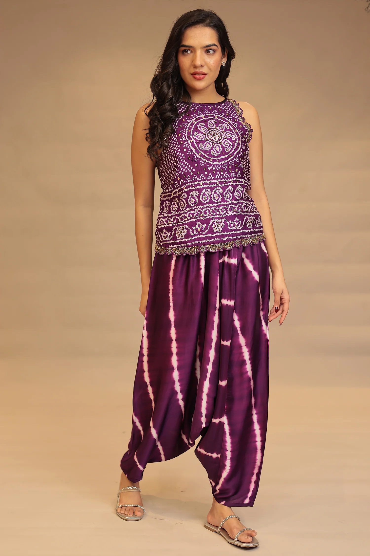 Leheriya, BandhejSatin silk Indowestern with Sequins and Stone work