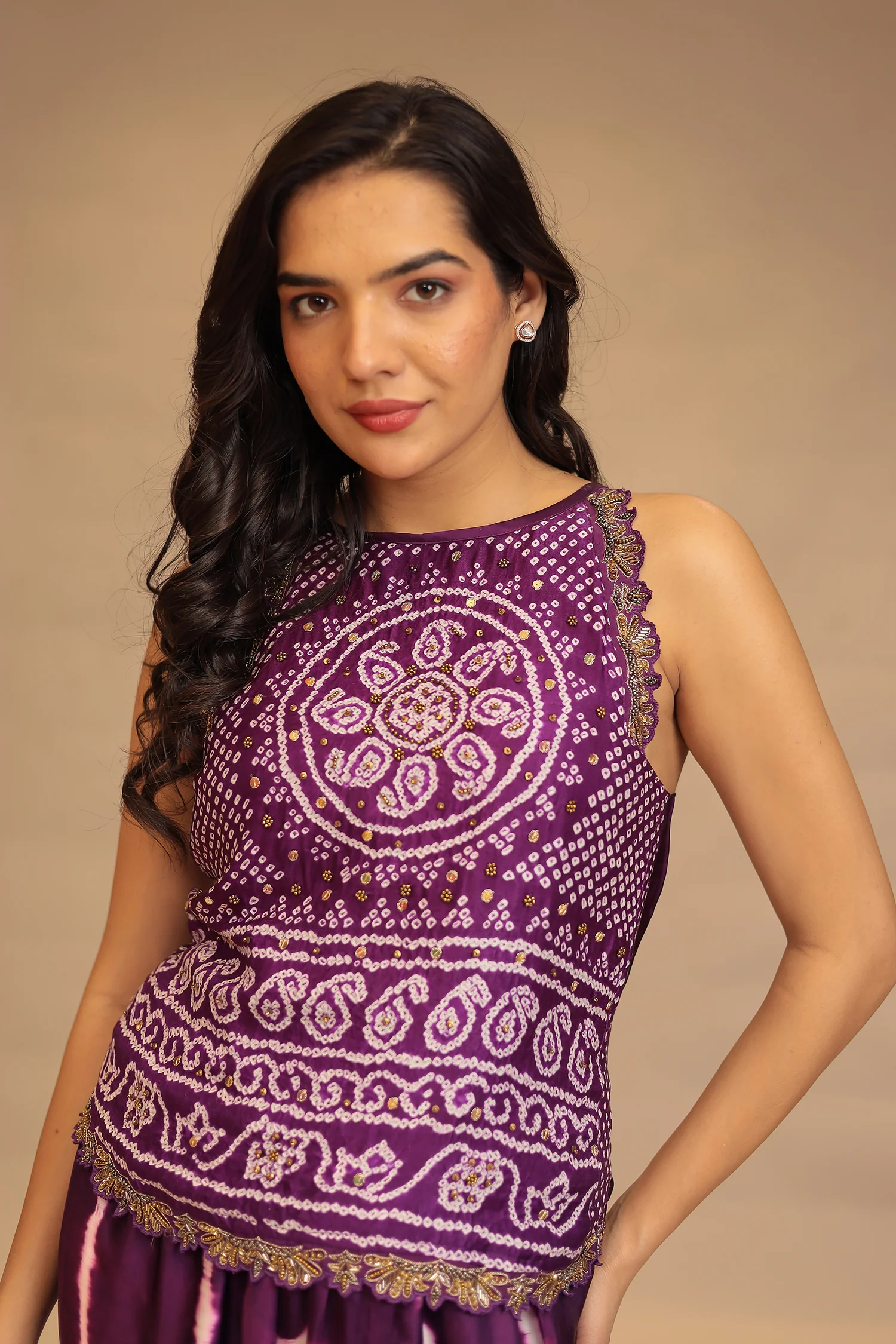 Leheriya, BandhejSatin silk Indowestern with Sequins and Stone work - Image 2