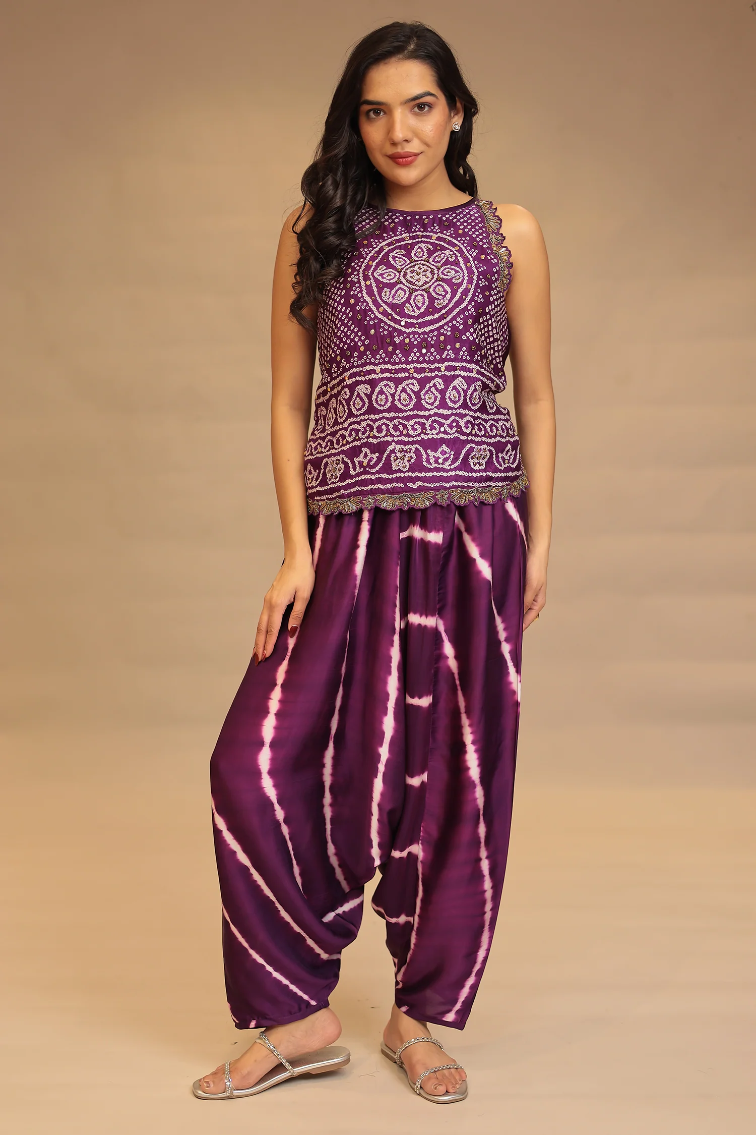 Leheriya, BandhejSatin silk Indowestern with Sequins and Stone work - Image 3