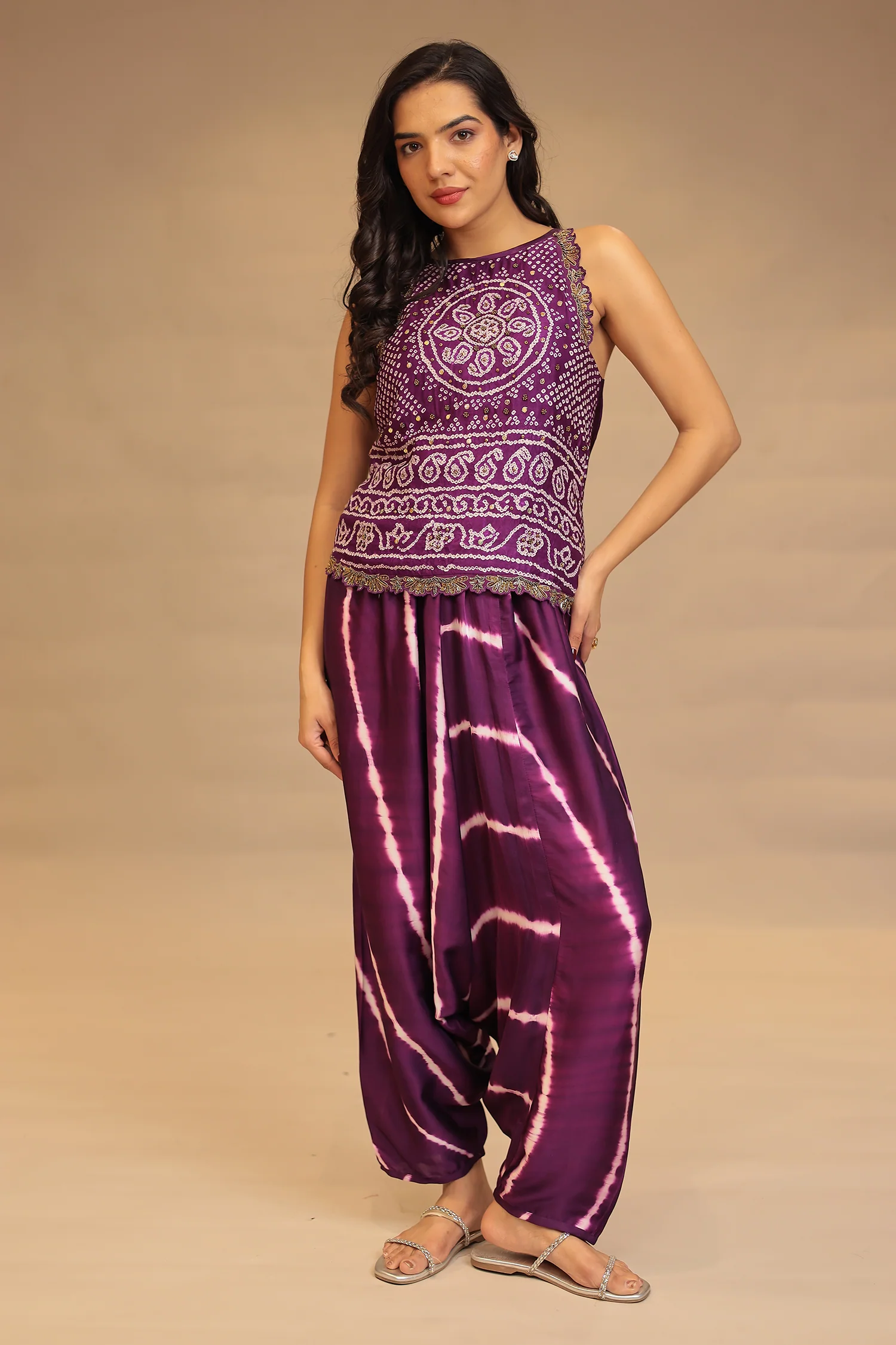 Leheriya, BandhejSatin silk Indowestern with Sequins and Stone work - Image 5