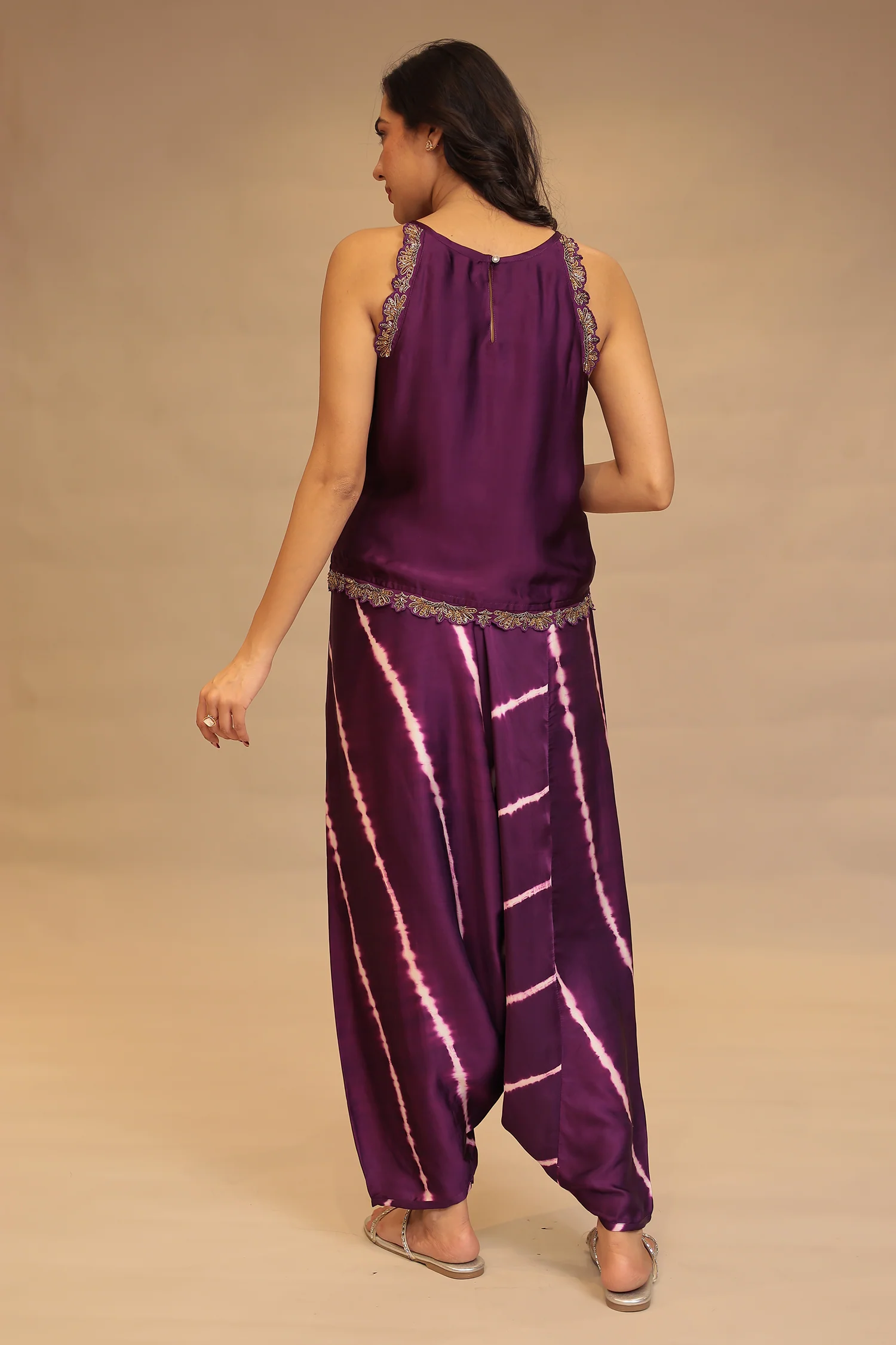 Leheriya, BandhejSatin silk Indowestern with Sequins and Stone work - Image 6