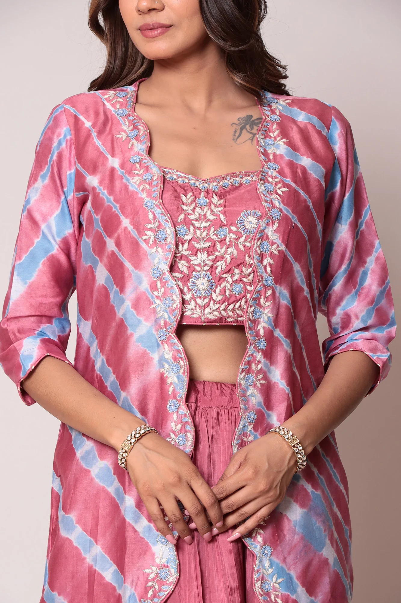 Leheriya Chanderi Jacket Style Indo Western with Gota Patti and Thread work. - Image 7