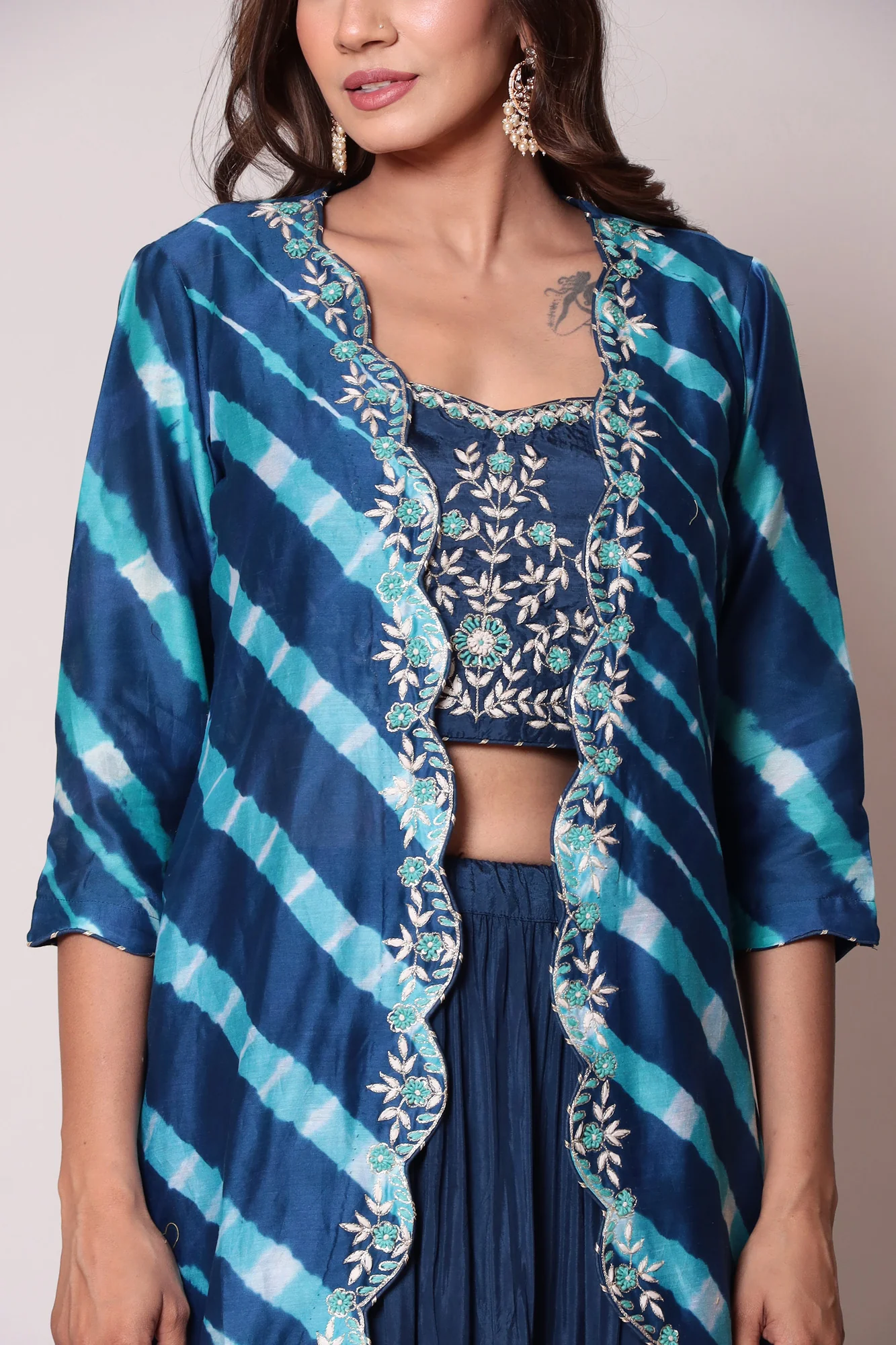 Leheriya Chanderi Jacket Style Indo Western with Gota Patti and Thread work. - Image 6