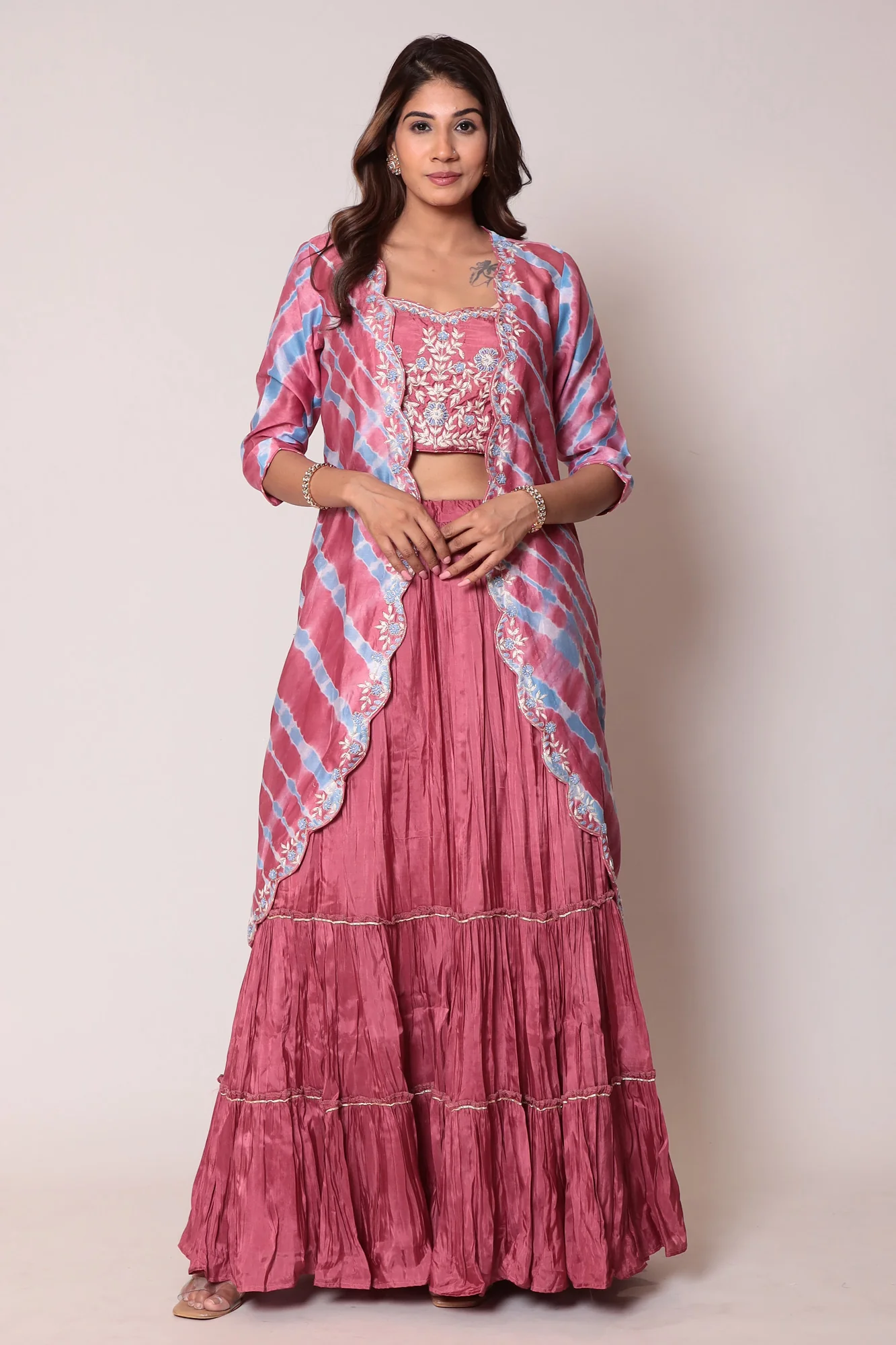 Leheriya Chanderi Jacket Style Indo Western with Gota Patti and Thread work. - Image 9