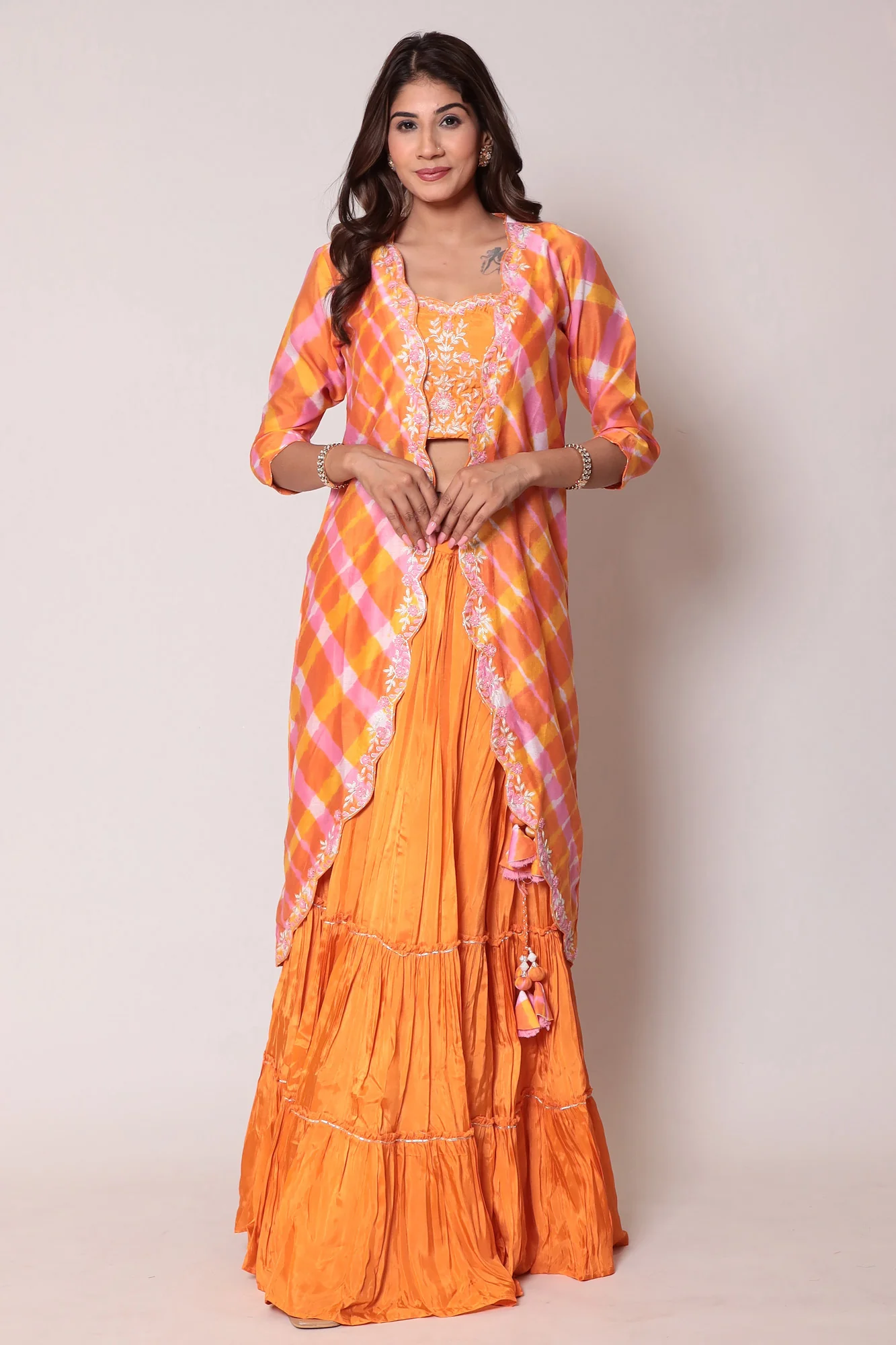 Leheriya Chanderi Jacket Style Indo Western with Gota Patti and Thread work. - Image 5