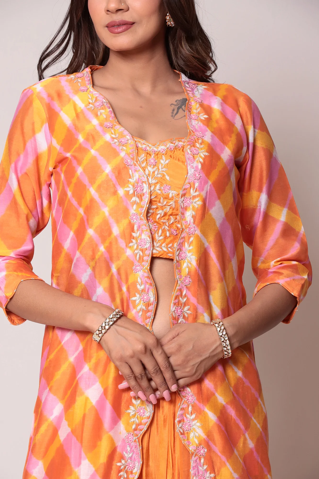 Leheriya Chanderi Jacket Style Indo Western with Gota Patti and Thread work. - Image 6