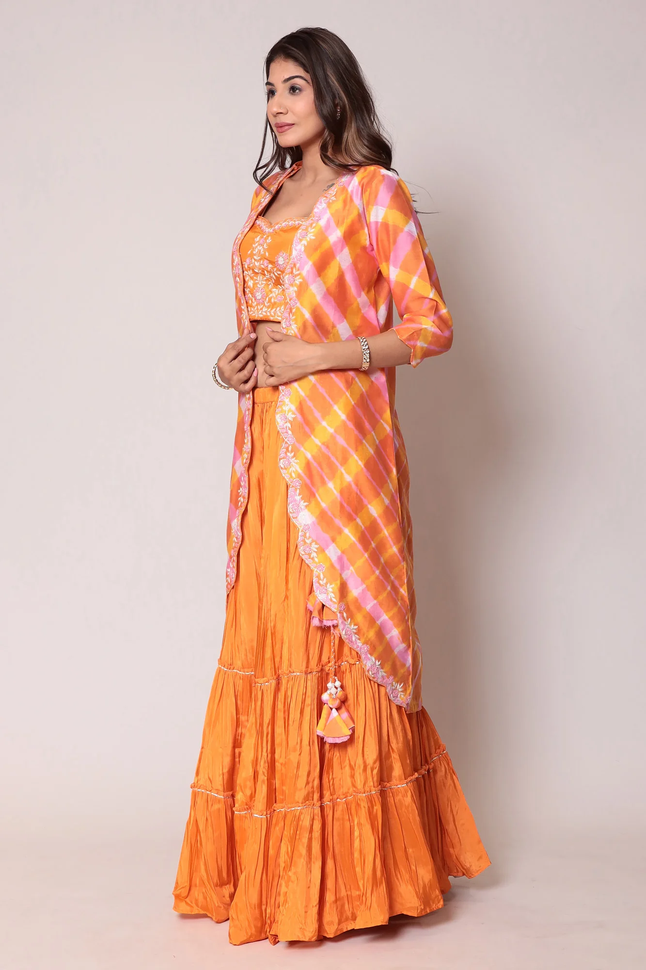 Leheriya Chanderi Jacket Style Indo Western with Gota Patti and Thread work. - Image 7