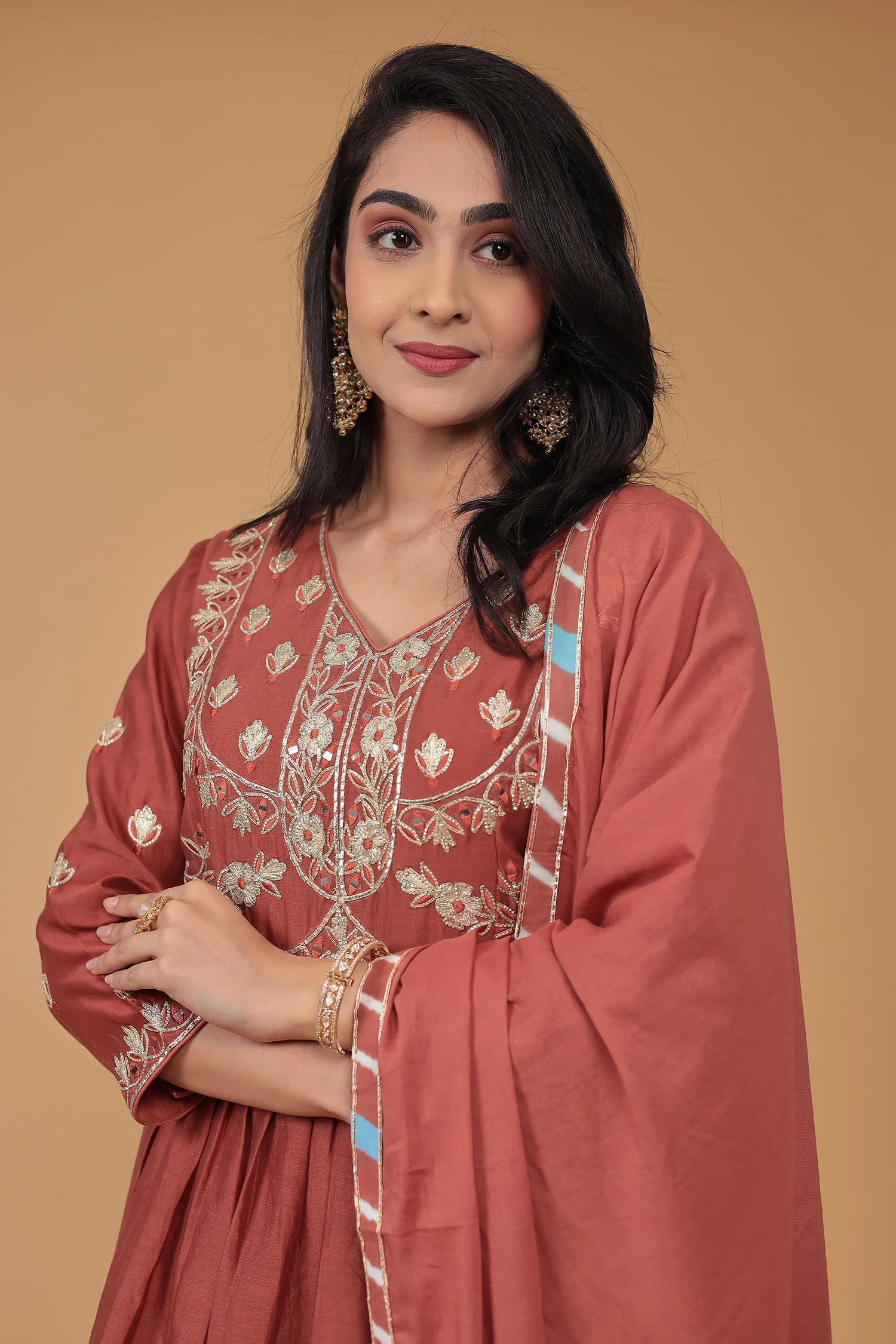 Leheriya Chanderi Peplum Silk Suit Embroidered with Gota work - Image 4