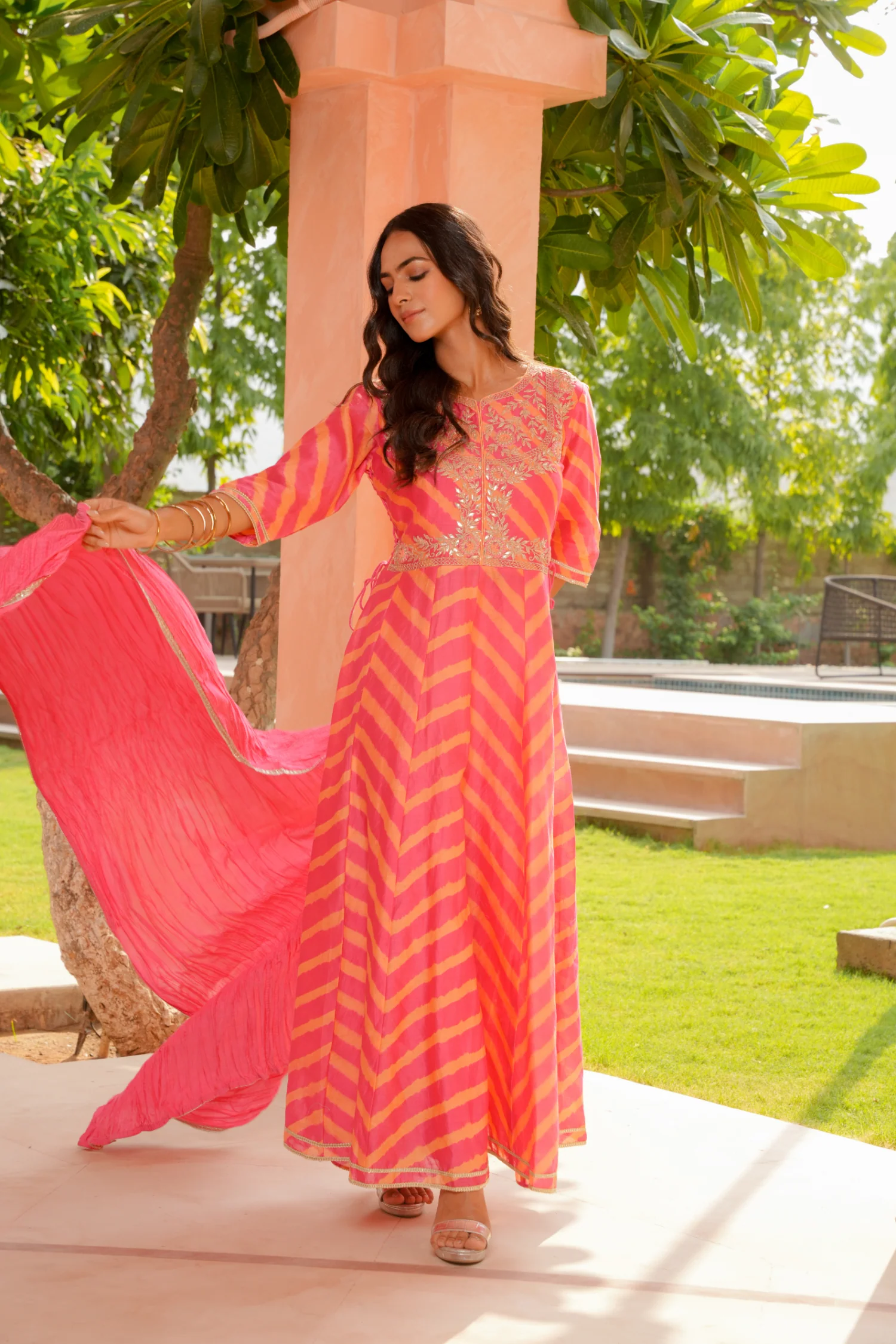 Leheriya Anarkali Chanderi Suit with Thread, Zardozi and Gota work - Image 3