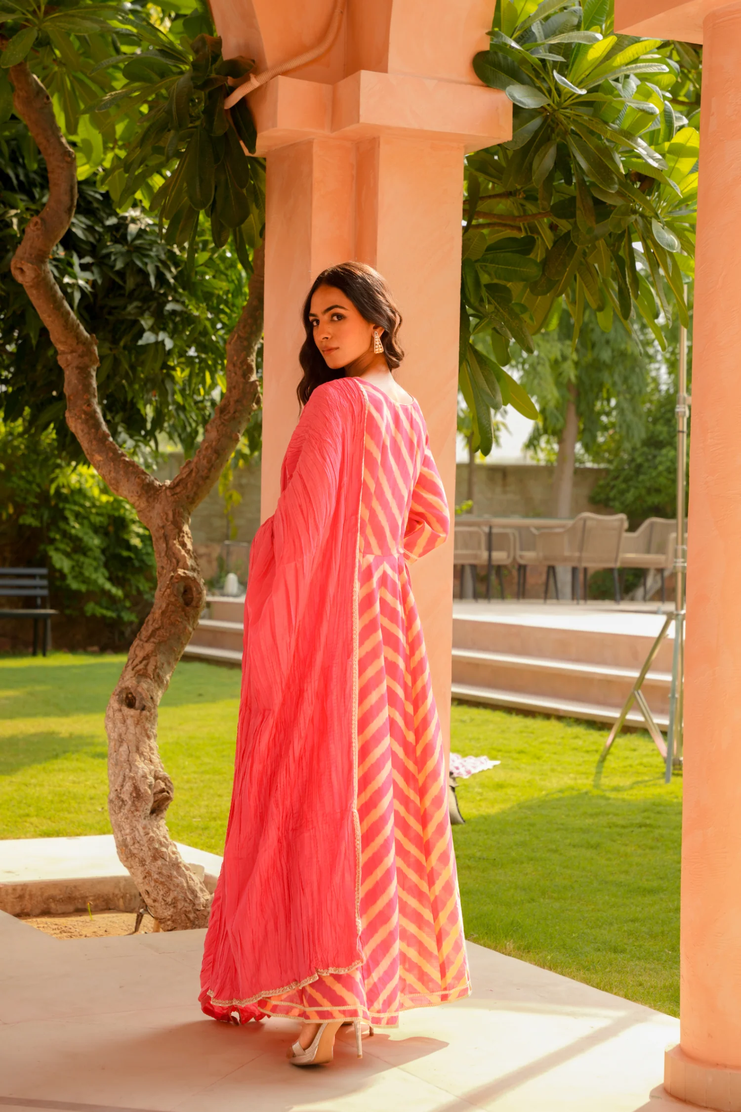 Leheriya Anarkali Chanderi Suit with Thread, Zardozi and Gota work - Image 7