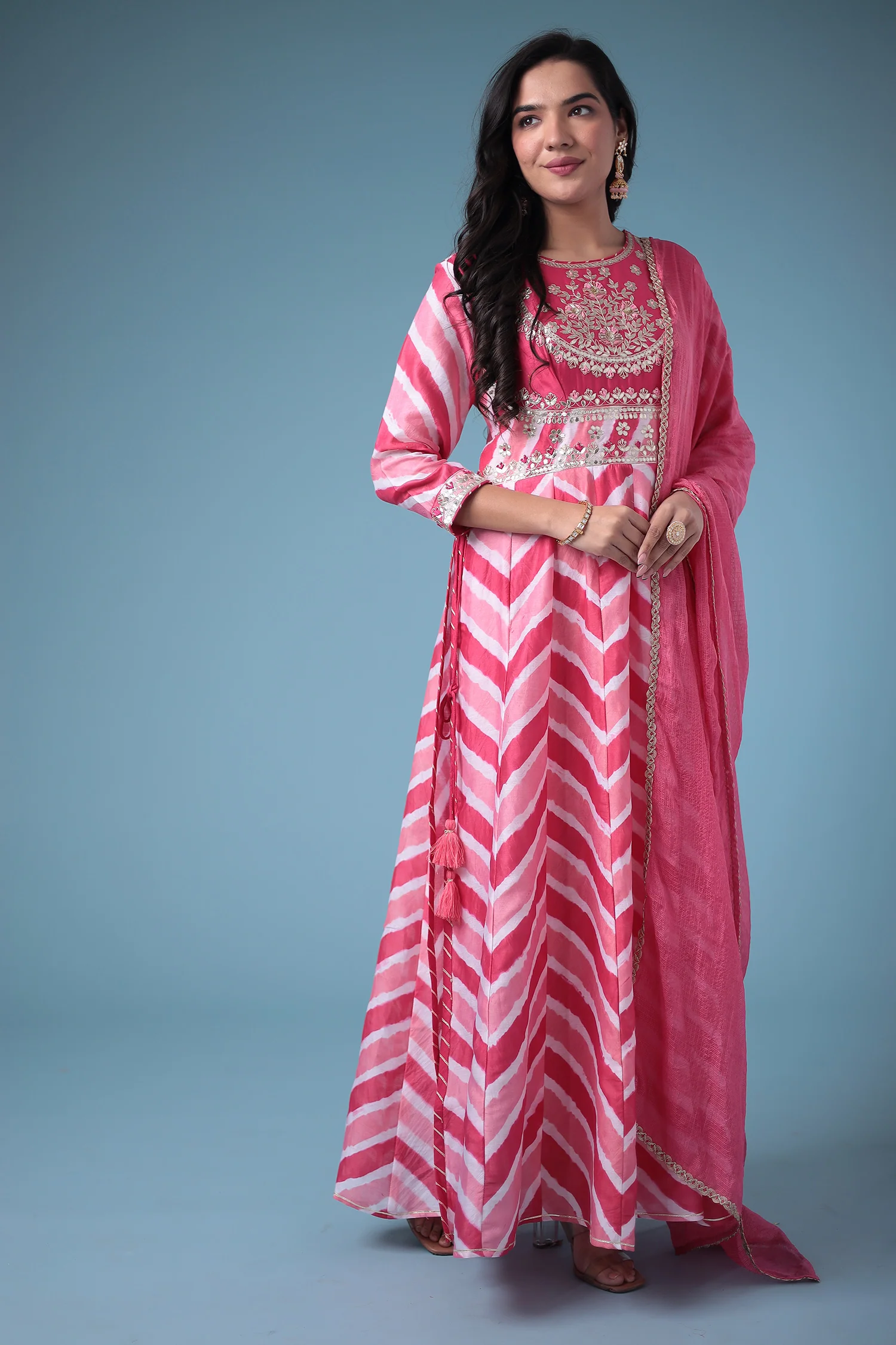Embroidered Anarkali Leheriya Chanderi Suit with Gota Patti work - Image 11