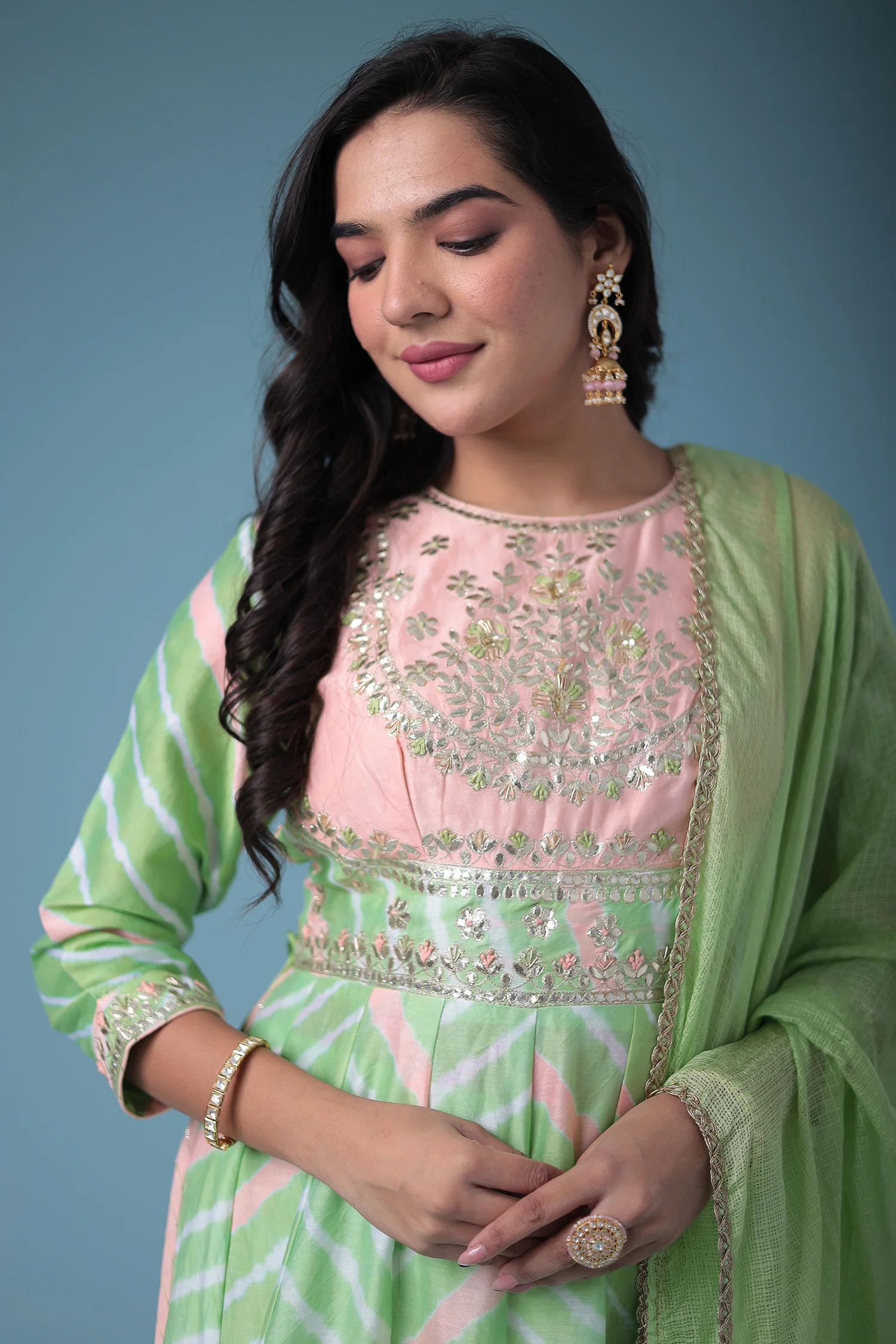Embroidered Anarkali Leheriya Chanderi Suit with Gota Patti work - Image 2