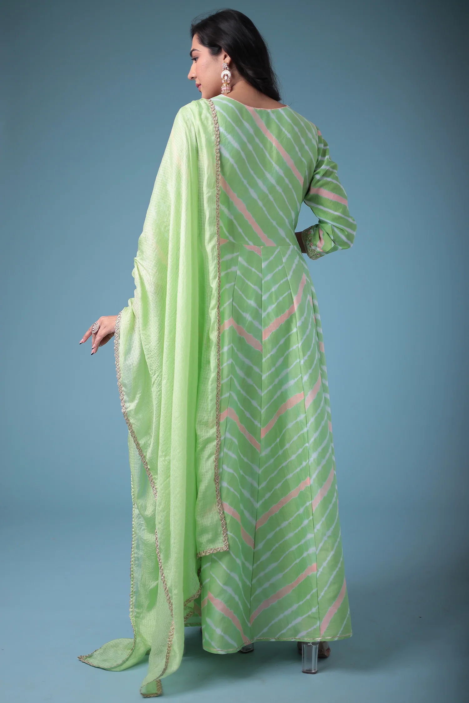 Embroidered Anarkali Leheriya Chanderi Suit with Gota Patti work - Image 6