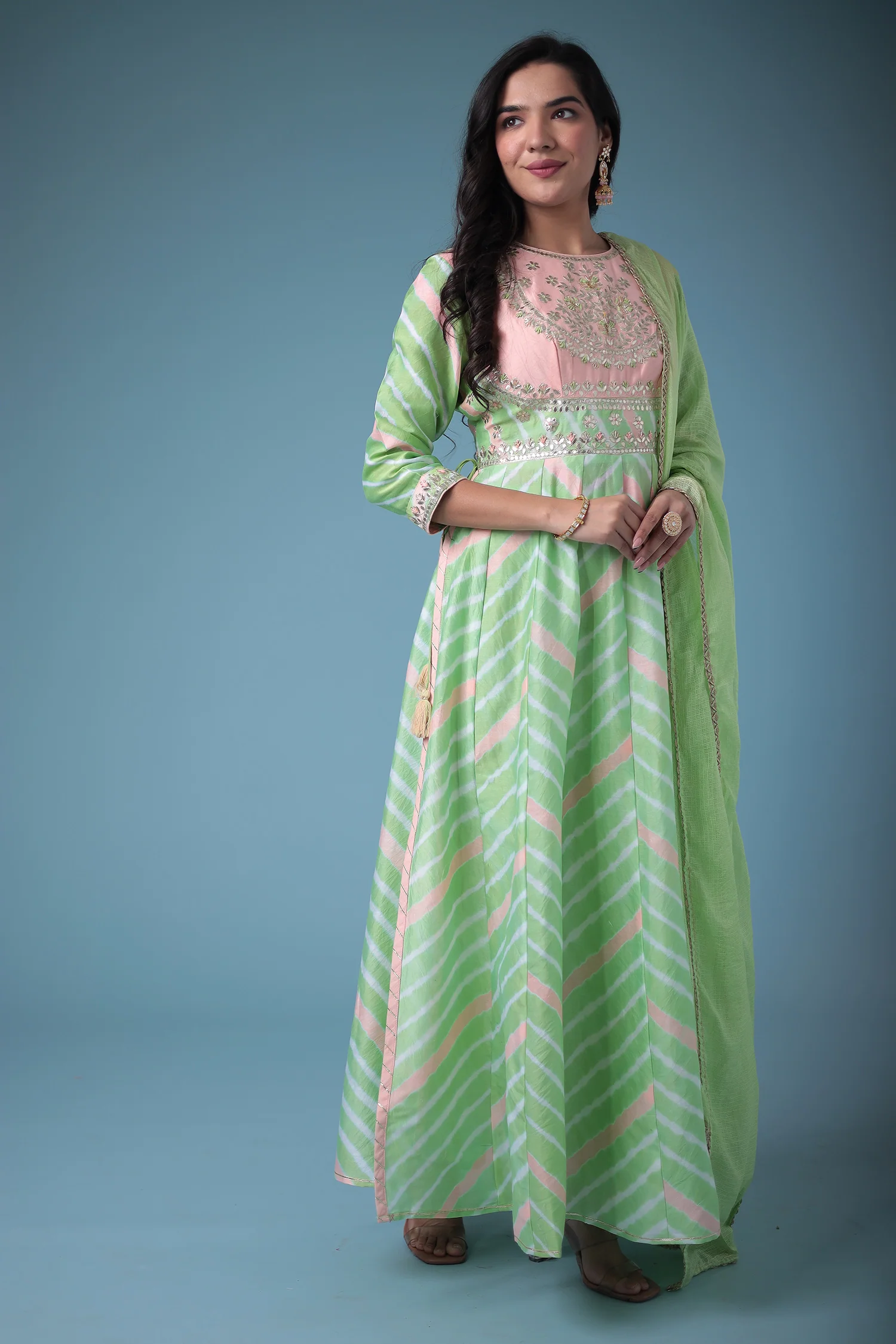 Embroidered Anarkali Leheriya Chanderi Suit with Gota Patti work - Image 10