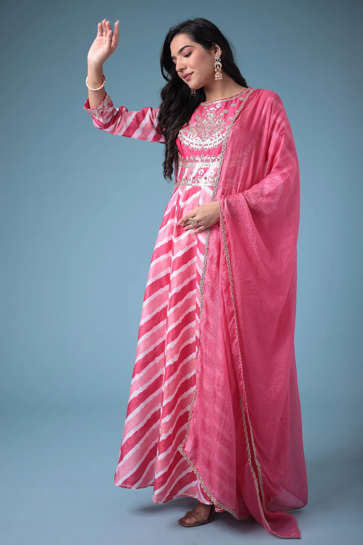 Embroidered Anarkali Leheriya Chanderi Suit with Gota Patti work - Image 5