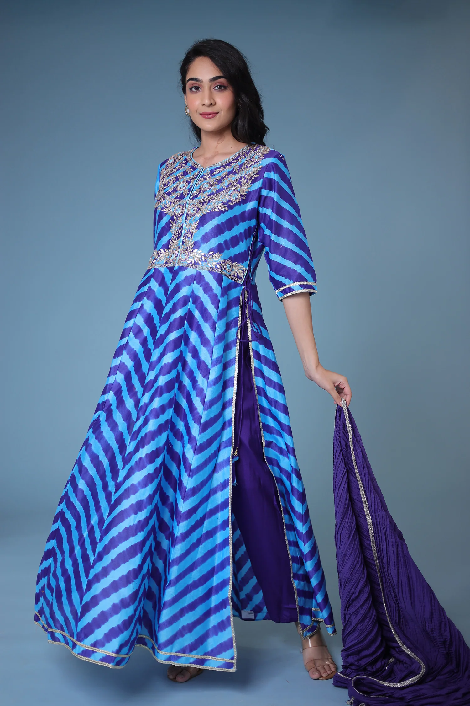 Leheriya Anarkali Chanderi Suit with Gota Patti work. - Image 3