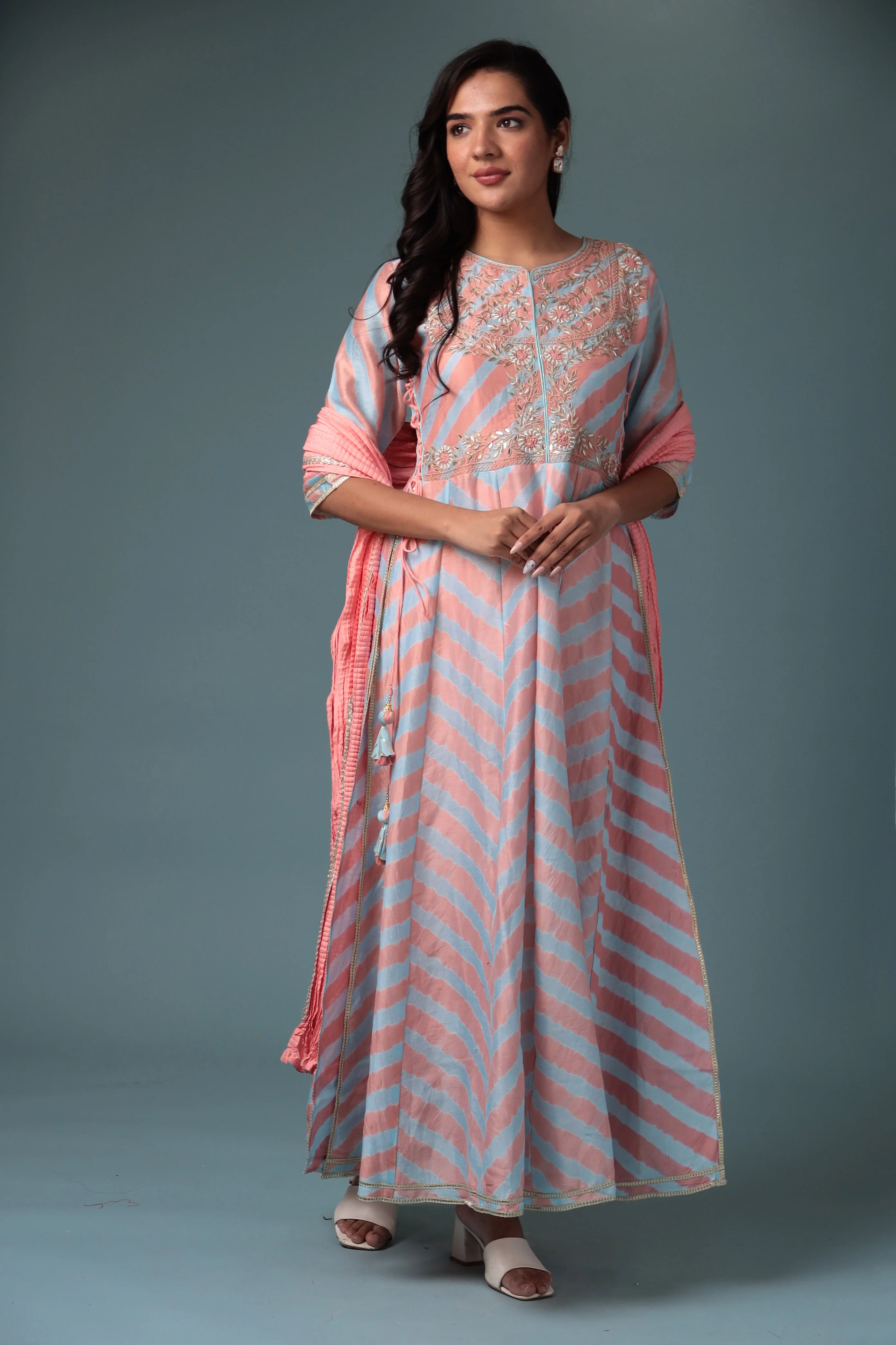 Anarkali Leheriya Chanderi Suit with Gota Patti work. - Image 6