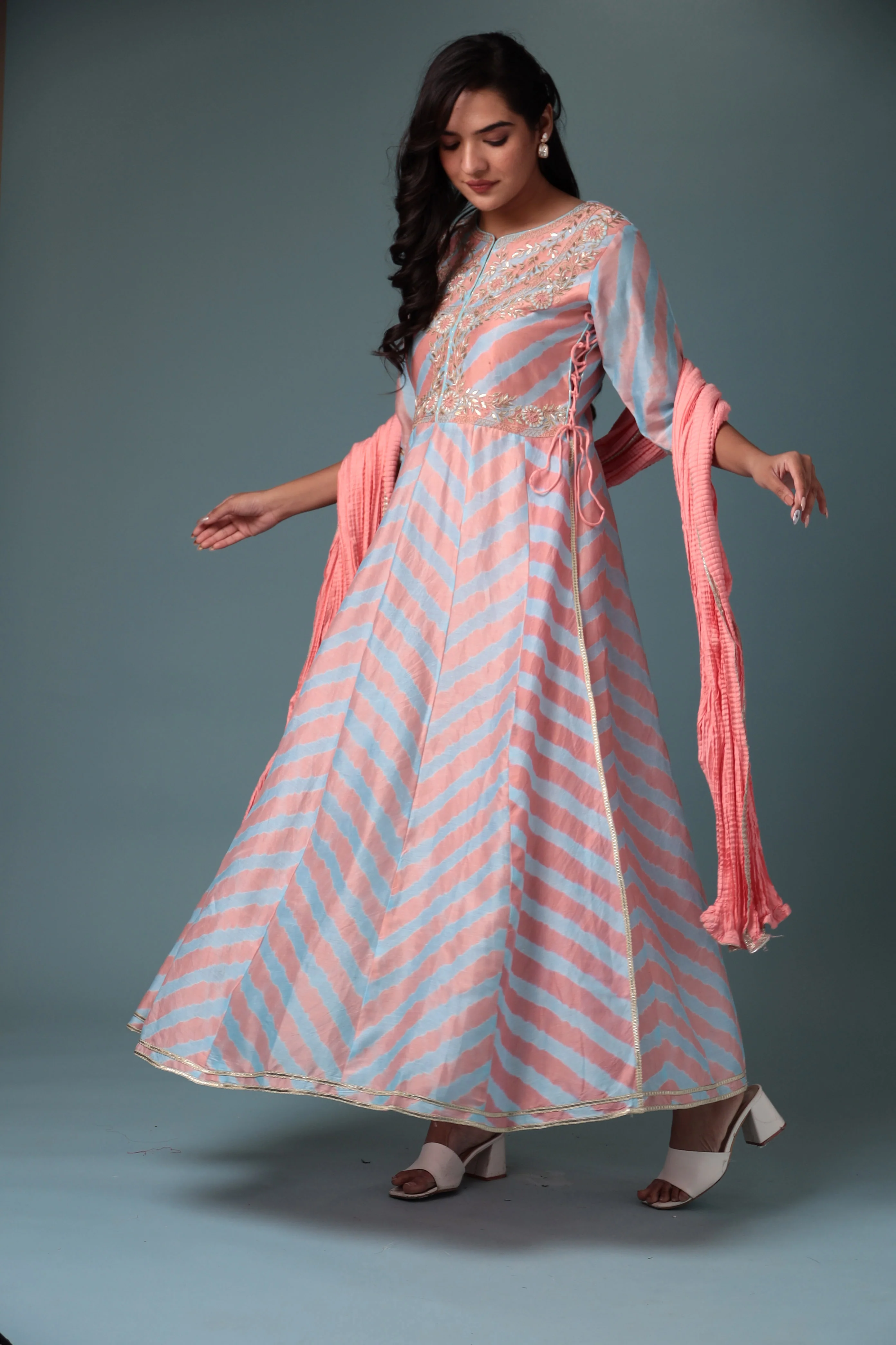 Anarkali Leheriya Chanderi Suit with Gota Patti work. - Image 5