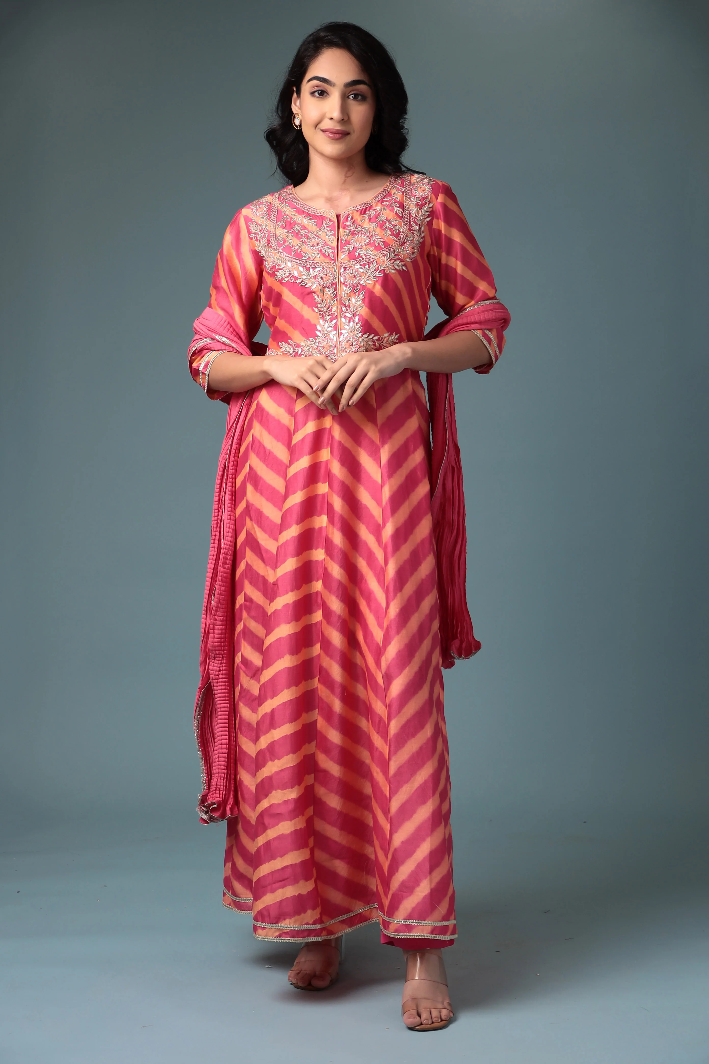 Anarkali Leheriya Chanderi Suit with Gota Patti work. - Image 7