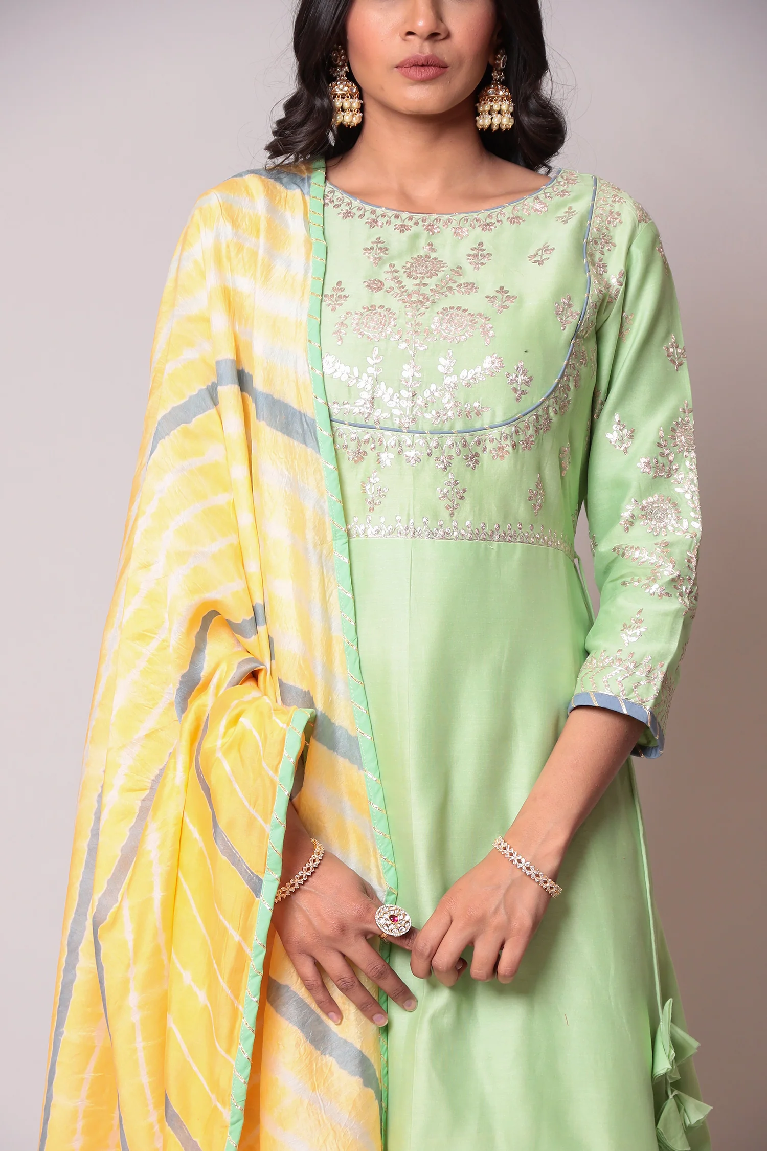 Leheriya Chanderi Suit with Pittan work. - Image 8