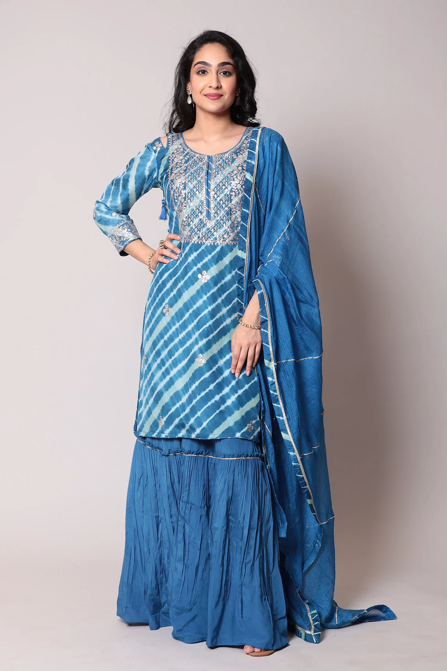 Leheriya Chanderi Straight Suit with Pittan work. - Image 5