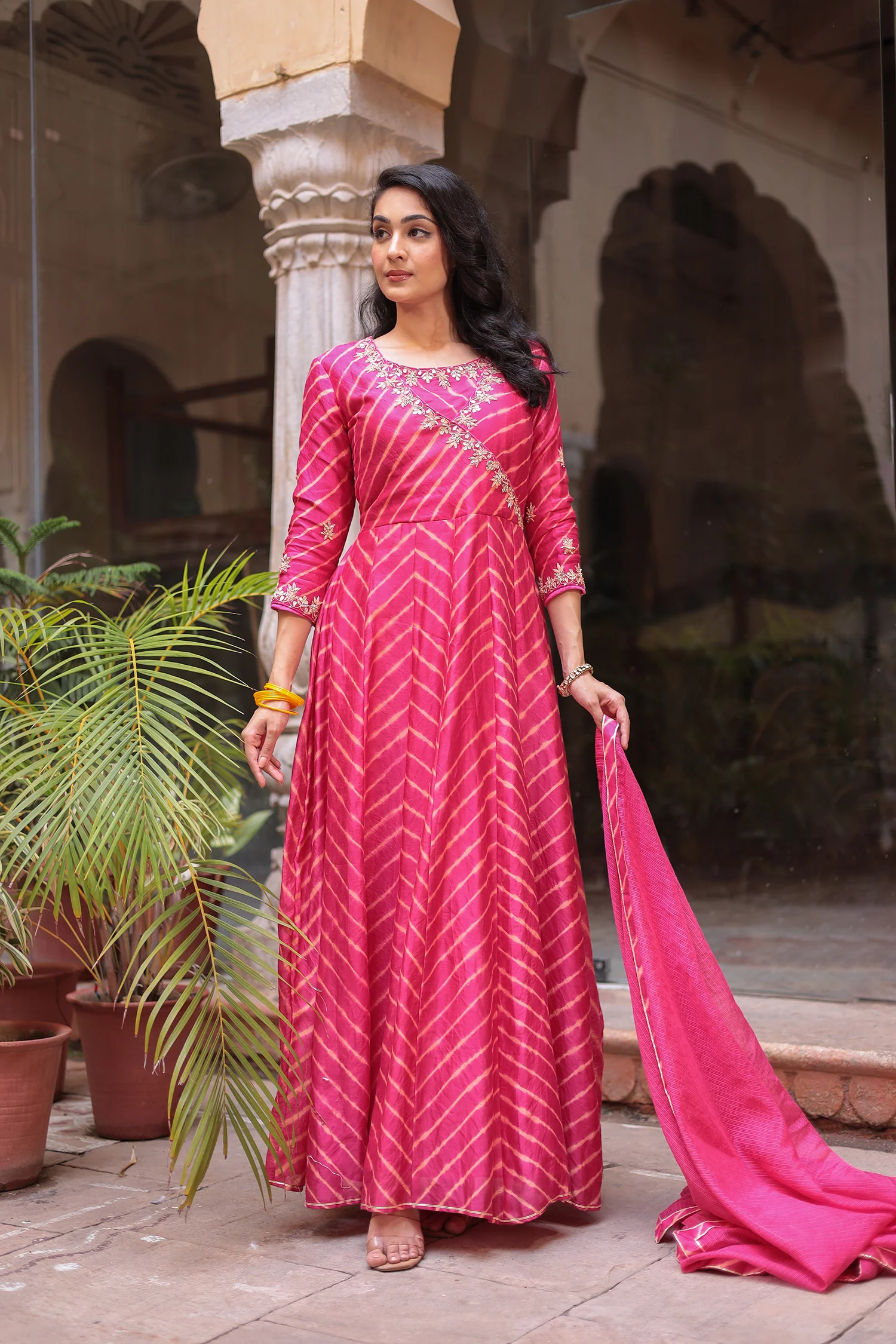 Leheriya Anarkali Chanderi Suit Embroidered with Zardozi work - Image 3