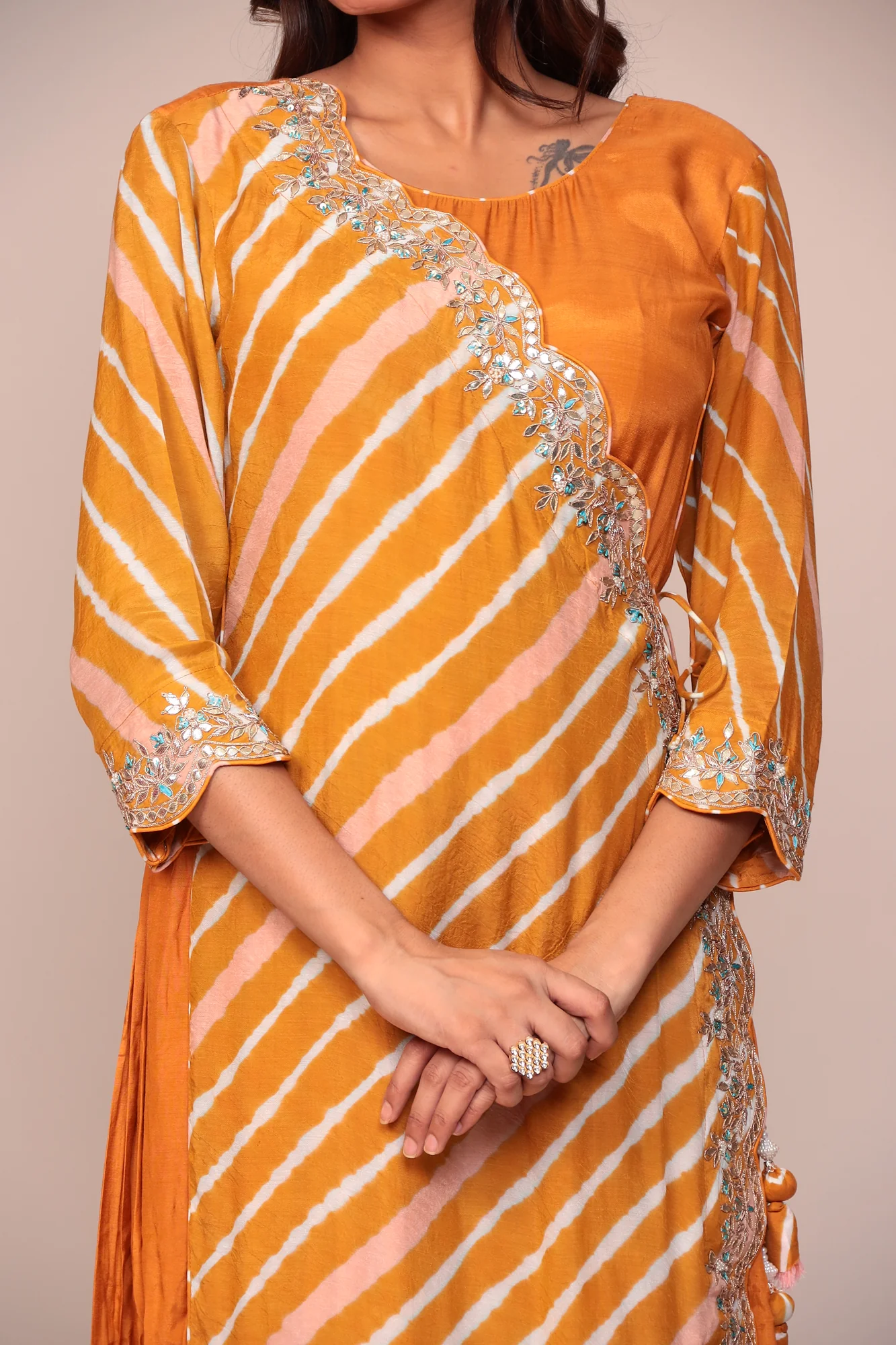 Leheriya Overlapping Style Cotton Silk Jump Suit with Gota Patti, Pearl and Thread work. - Image 2