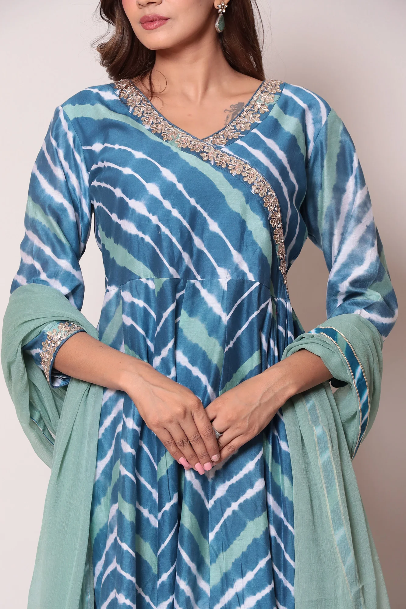 Leheriya Floor Length Anarkali Cotton Silk Suit with Gota Patti work - Image 3