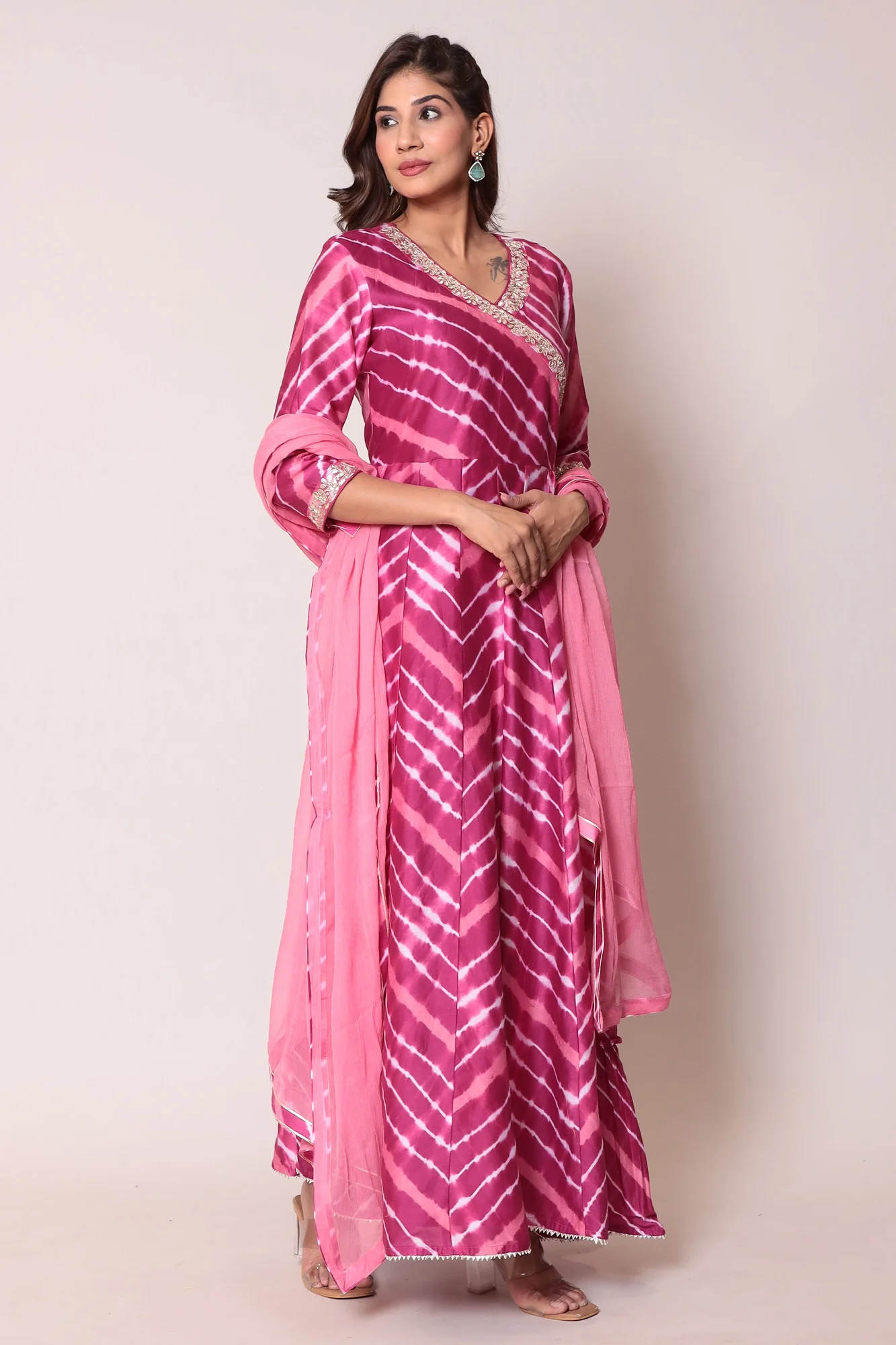 Leheriya Floor Length Anarkali Cotton Silk Suit with Gota Patti work - Image 7