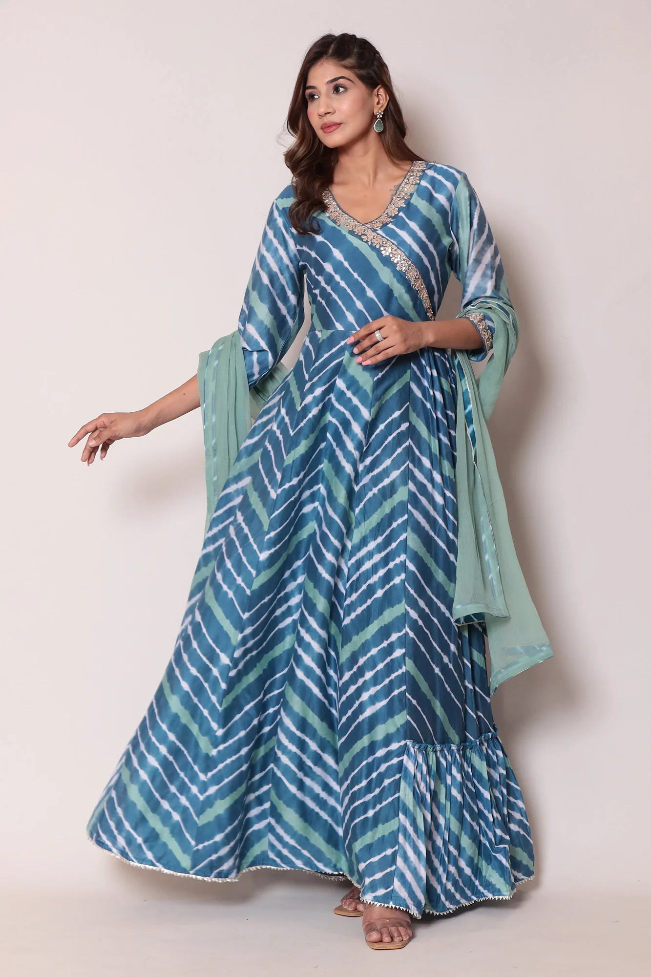 Leheriya Floor Length Anarkali Cotton Silk Suit with Gota Patti work - Image 7