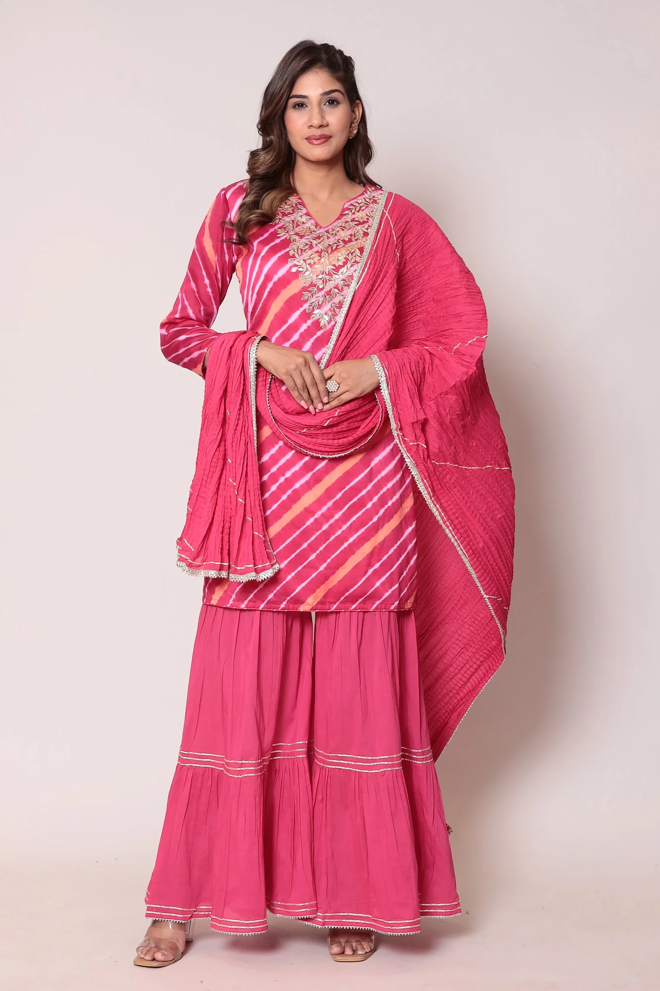 Leheriya Cotton Silk Sharara Suit with Gota Patti work. - Image 9