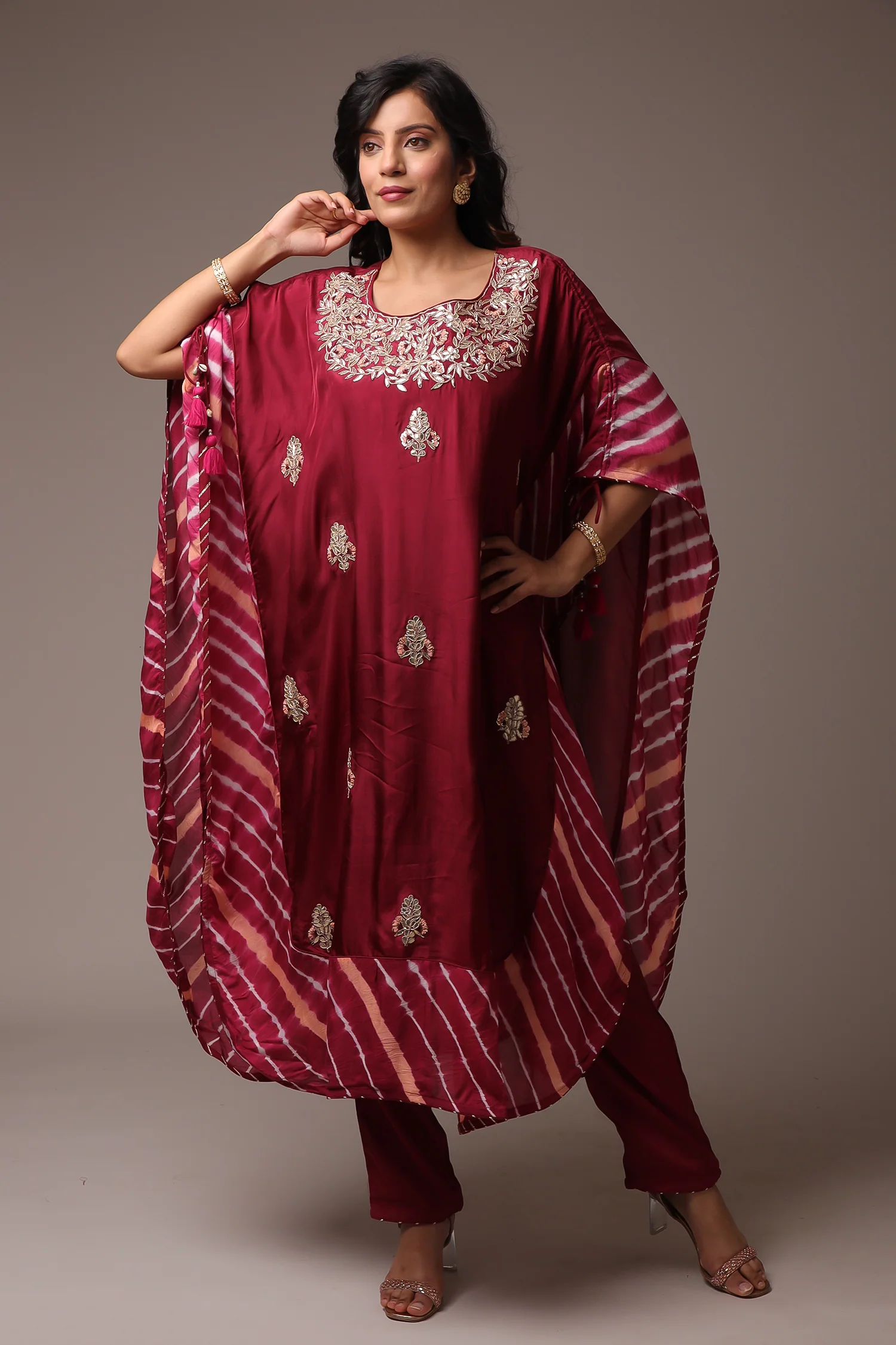 Embroidered Leheriya Silk Kaftan with Gota Patti work. - Image 13