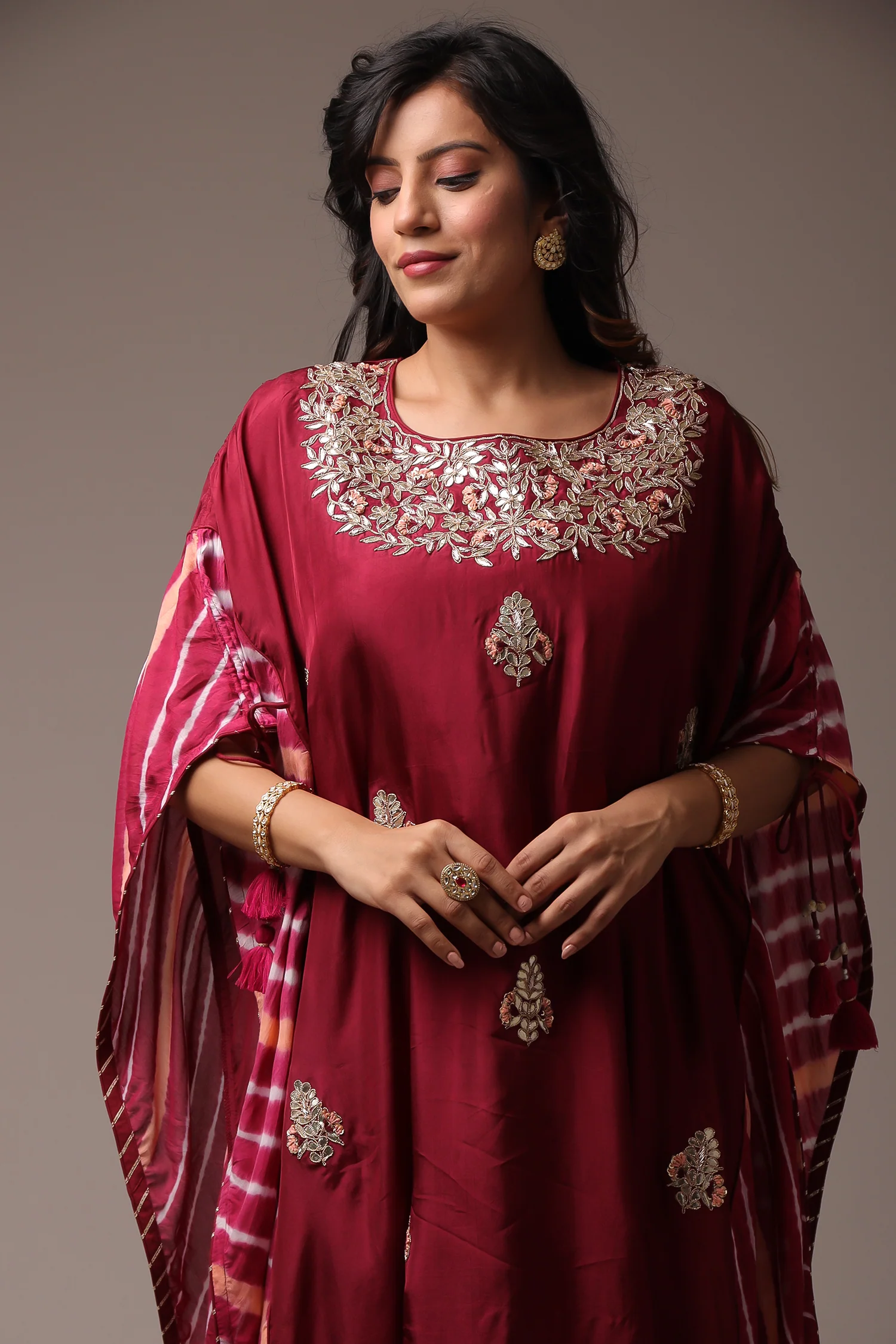 Embroidered Leheriya Silk Kaftan with Gota Patti work. - Image 14