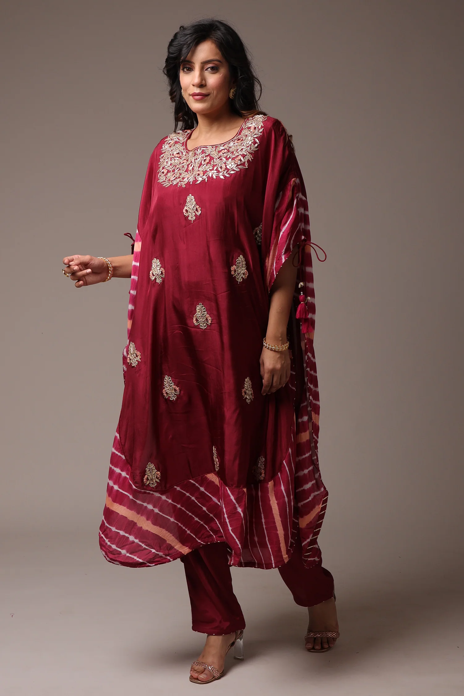 Embroidered Leheriya Silk Kaftan with Gota Patti work. - Image 15