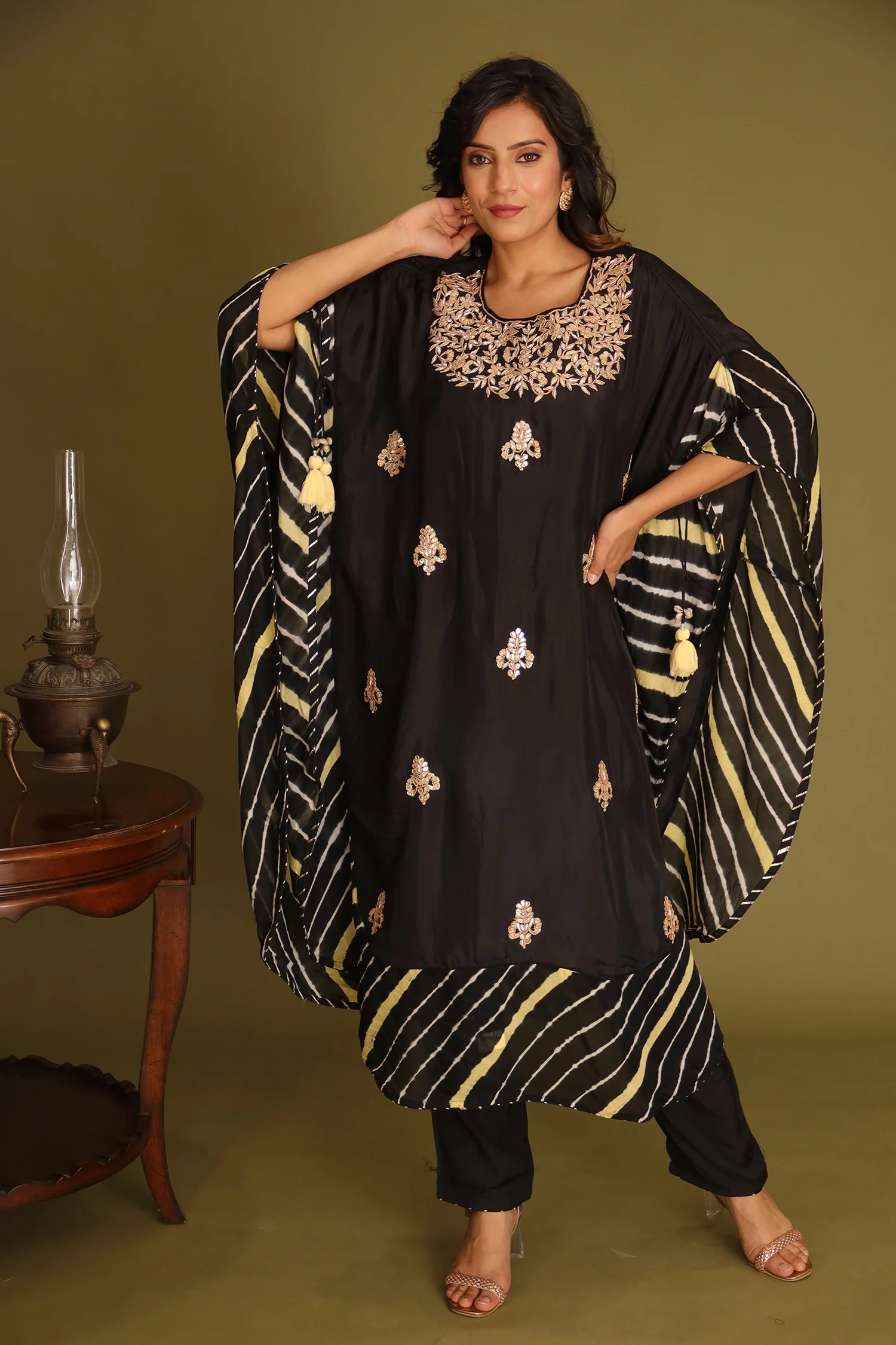 Embroidered Leheriya Silk Kaftan with Gota Patti work. - Image 7