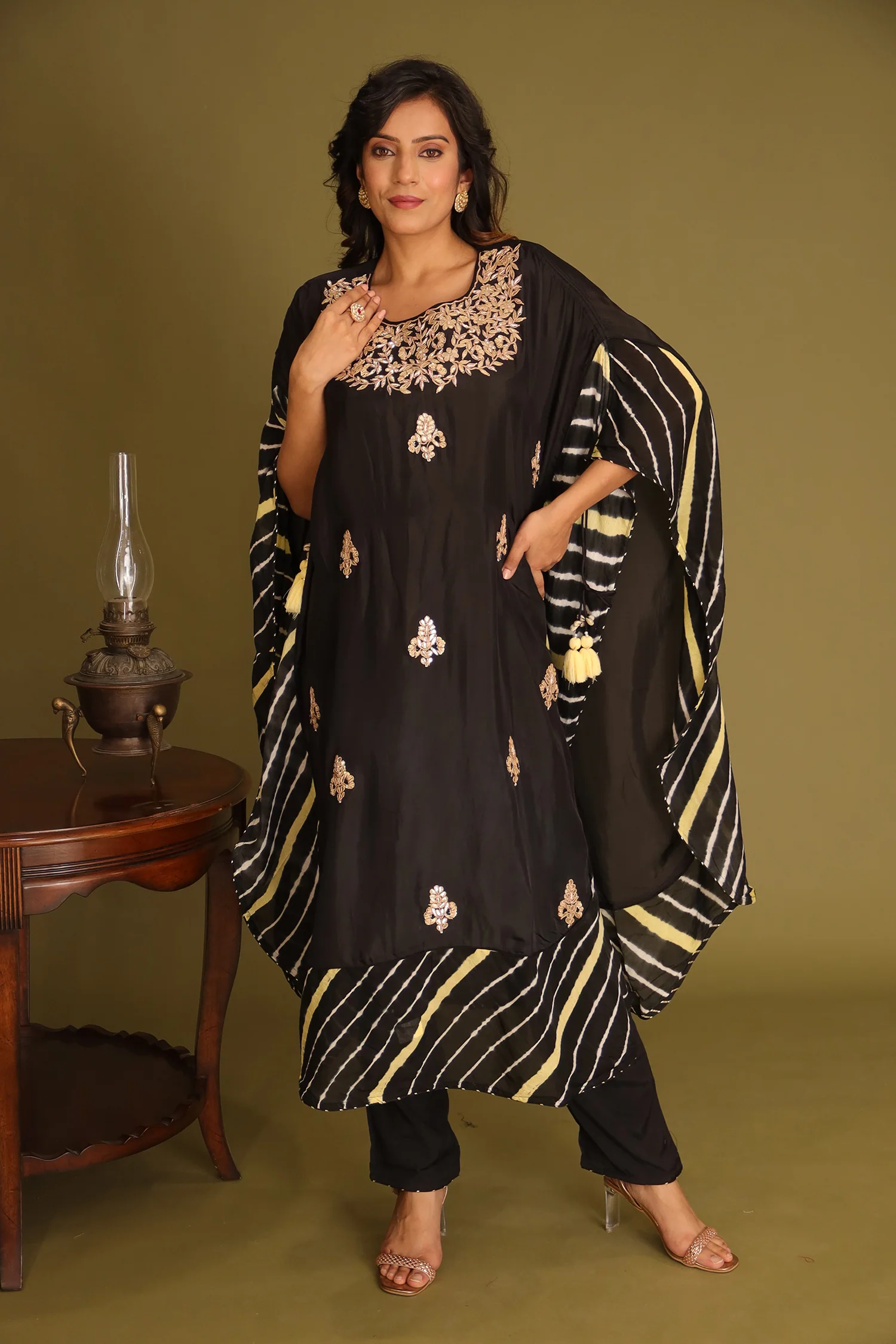 Embroidered Leheriya Silk Kaftan with Gota Patti work. - Image 9