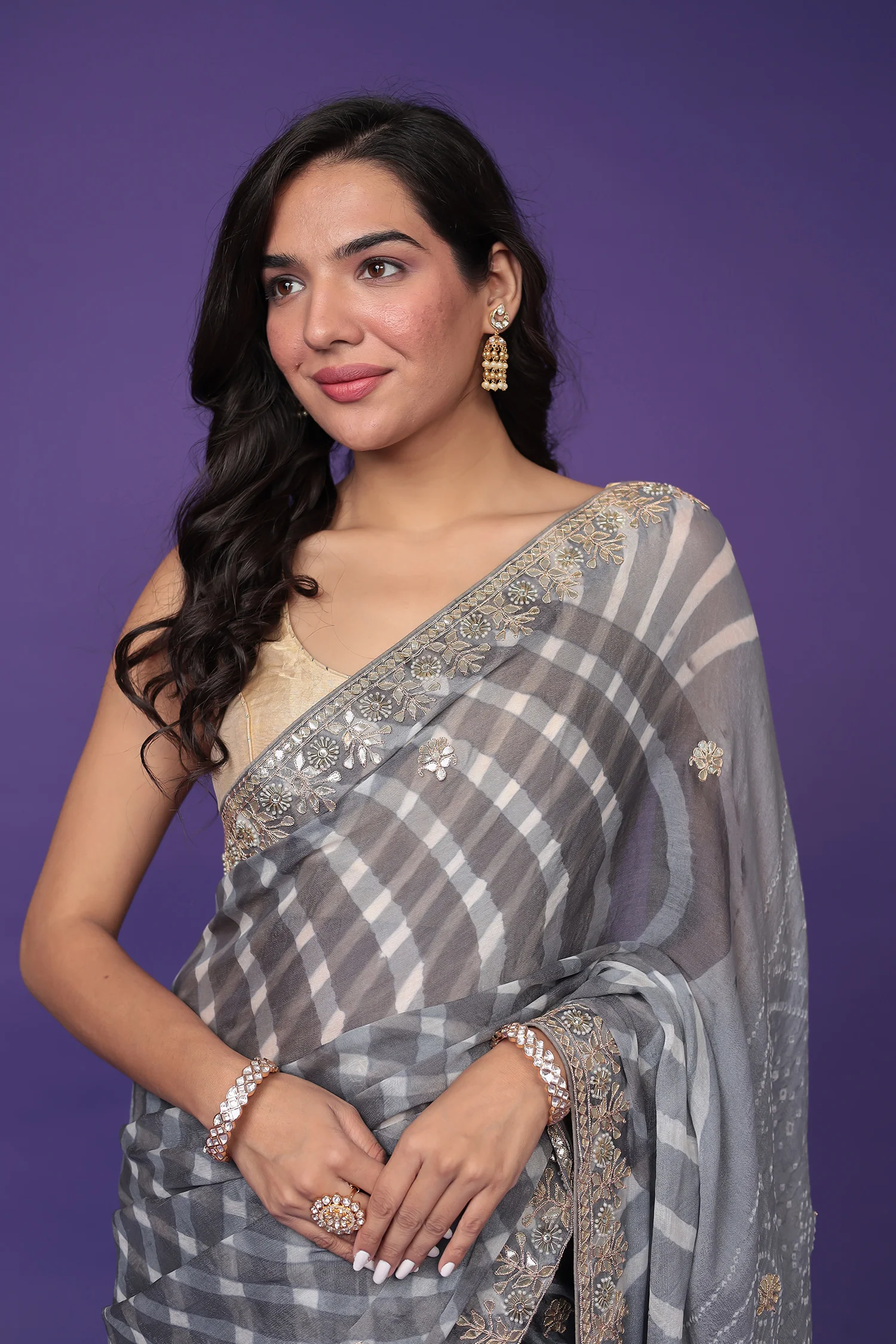 Leheriya Bandhej Georgette Saree Embellished with Gota Patti work - Image 2